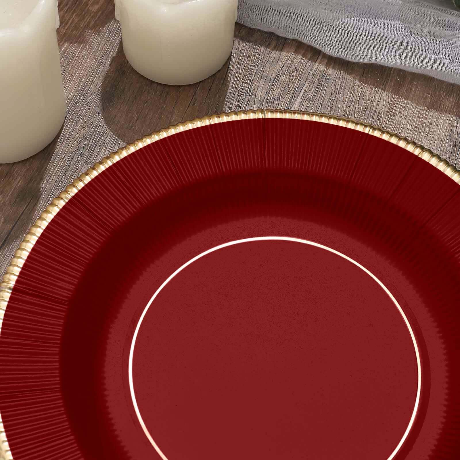 25-Pack Paper Round Dessert Plates 8" Burgundy Sunray Design with Gold Rim - 350GSM Heavy Duty Disposable Appetizer Salad Plates - Image 13