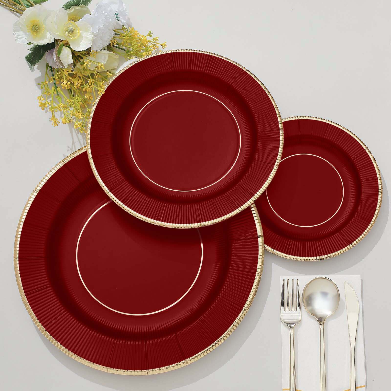 25-Pack Paper Round Dessert Plates 8" Burgundy Sunray Design with Gold Rim - 350GSM Heavy Duty Disposable Appetizer Salad Plates - Image 14