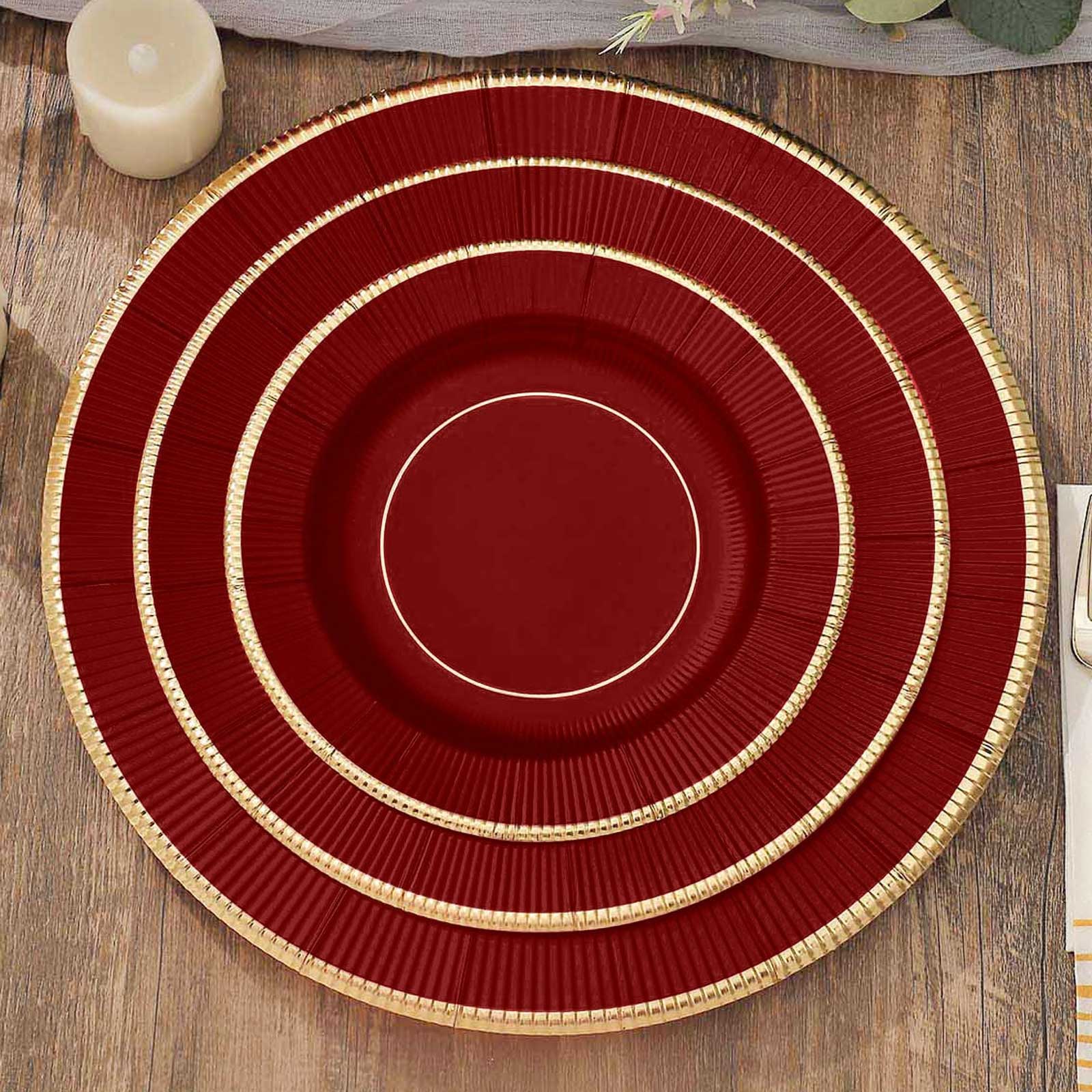 25-Pack Paper Round Dessert Plates 8" Burgundy Sunray Design with Gold Rim - 350GSM Heavy Duty Disposable Appetizer Salad Plates - Image 15