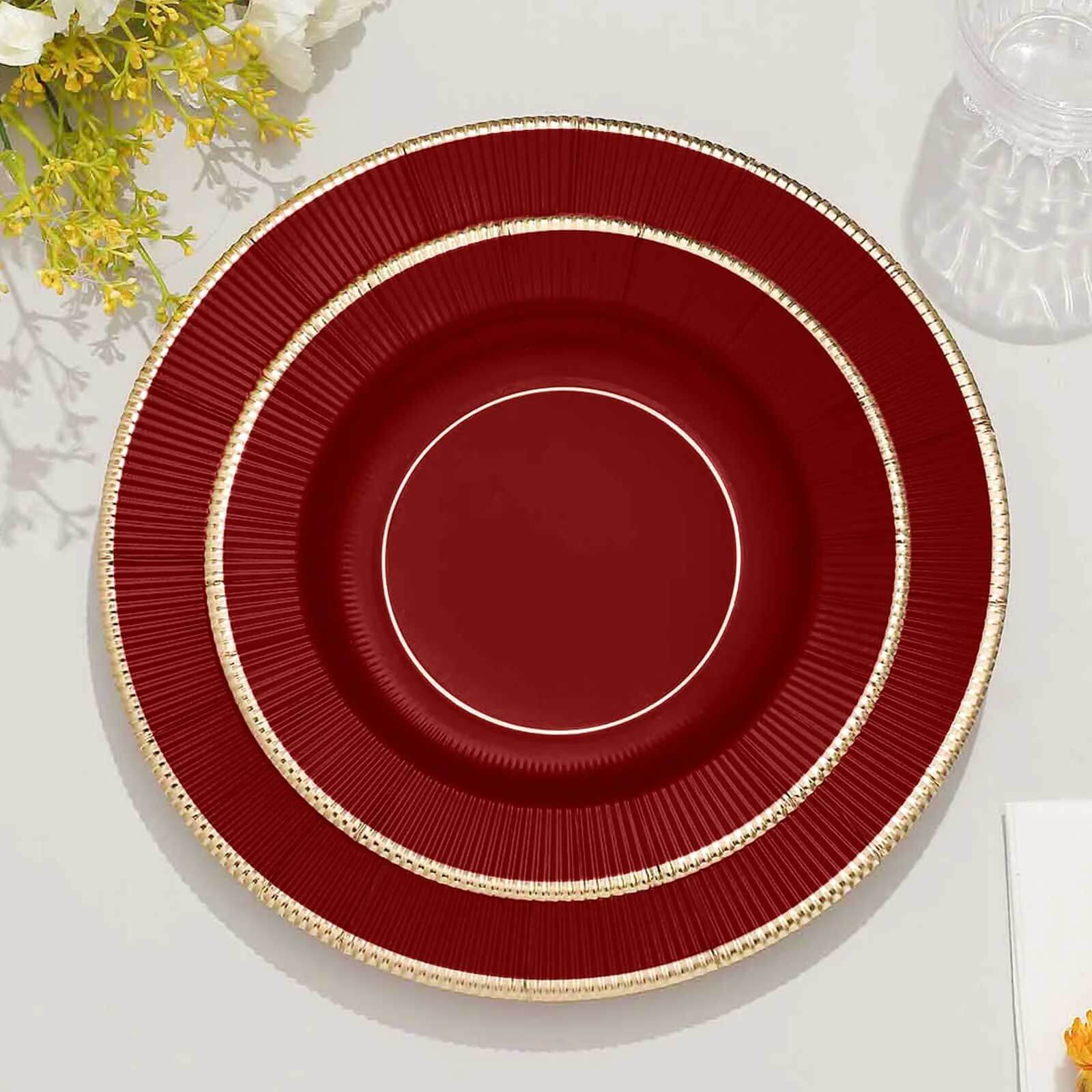 25-Pack Paper Round Dessert Plates 8" Burgundy Sunray Design with Gold Rim - 350GSM Heavy Duty Disposable Appetizer Salad Plates - Image 16