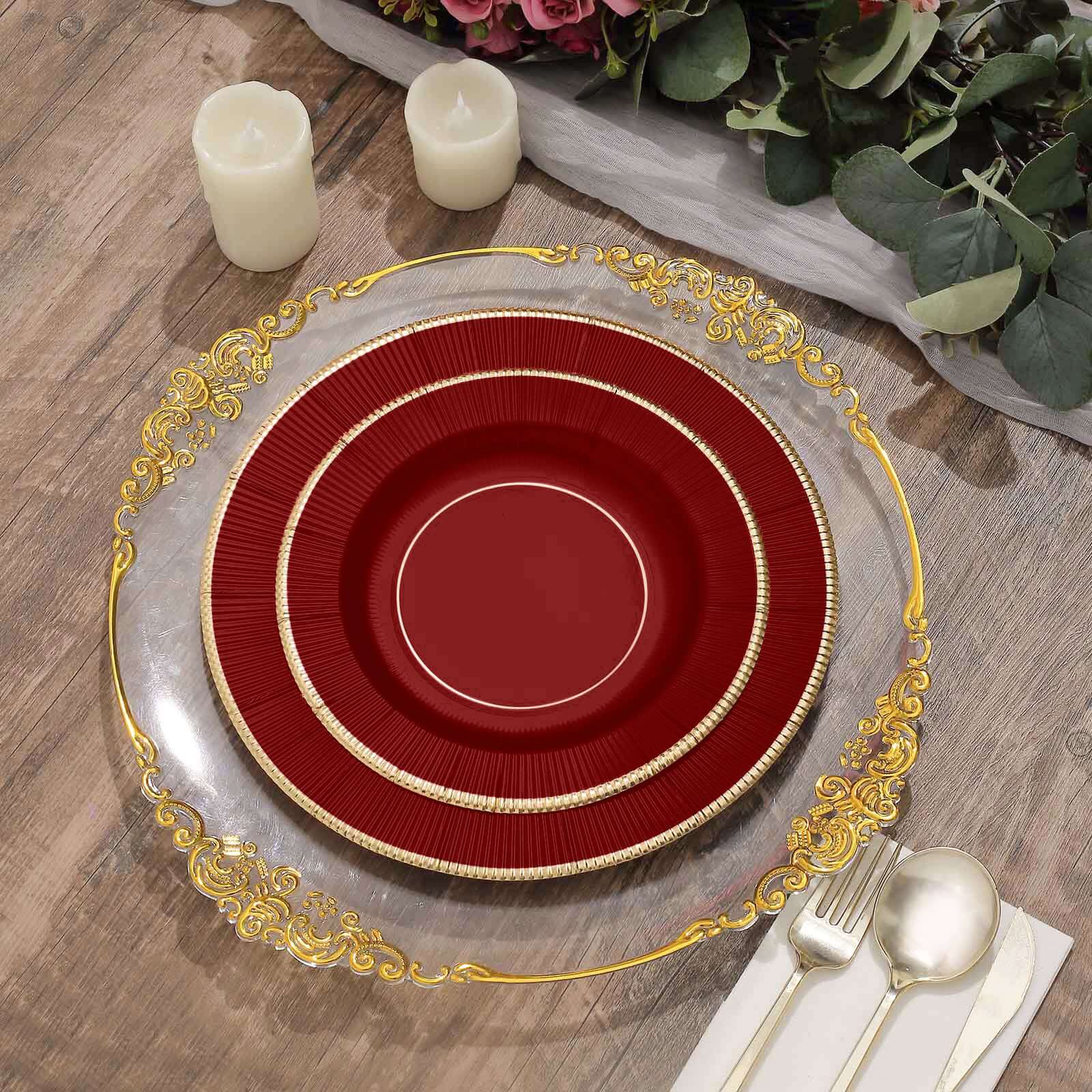 25-Pack Paper Round Dessert Plates 8" Burgundy Sunray Design with Gold Rim - 350GSM Heavy Duty Disposable Appetizer Salad Plates - Image 2