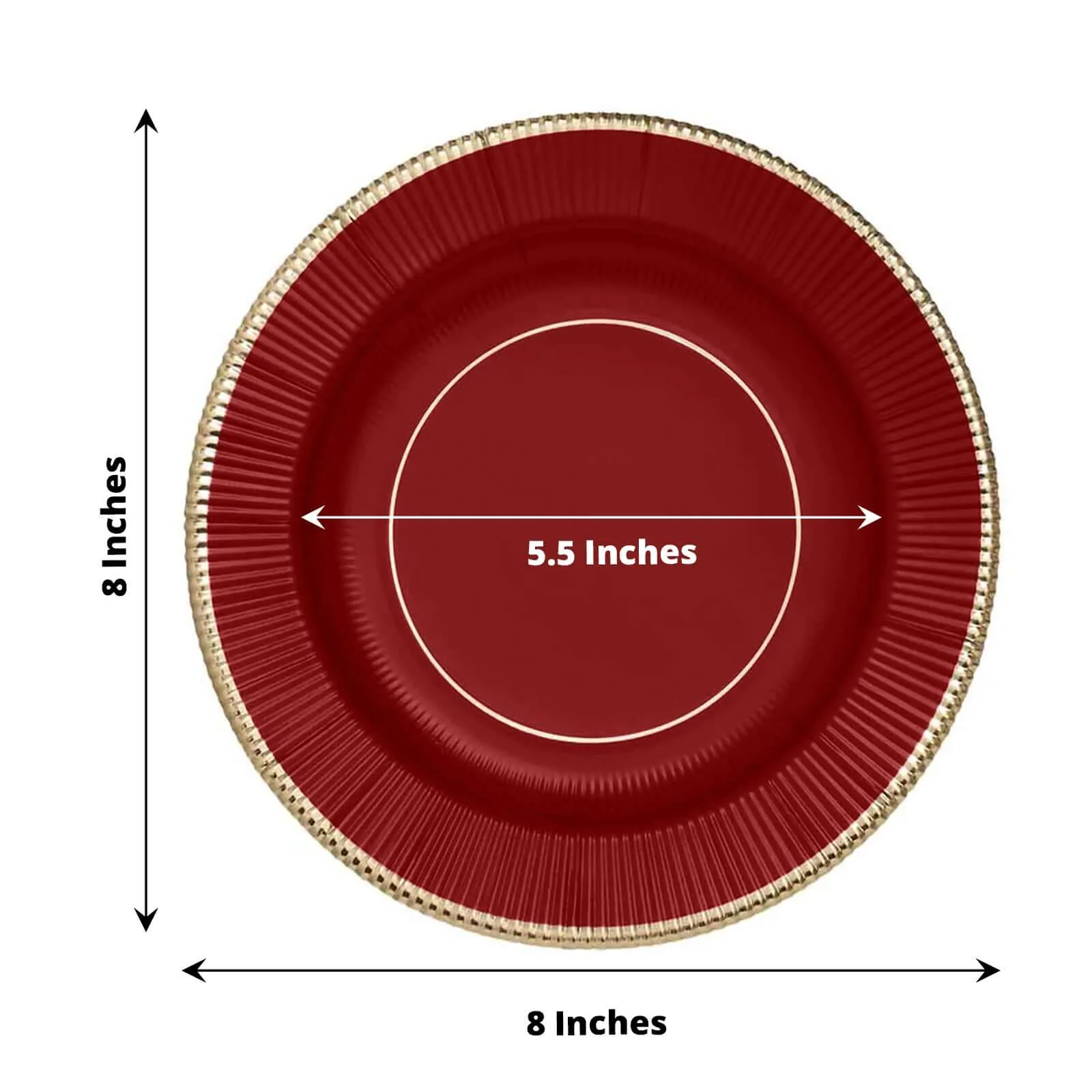 25-Pack Paper Round Dessert Plates 8" Burgundy Sunray Design with Gold Rim - 350GSM Heavy Duty Disposable Appetizer Salad Plates - Image 3