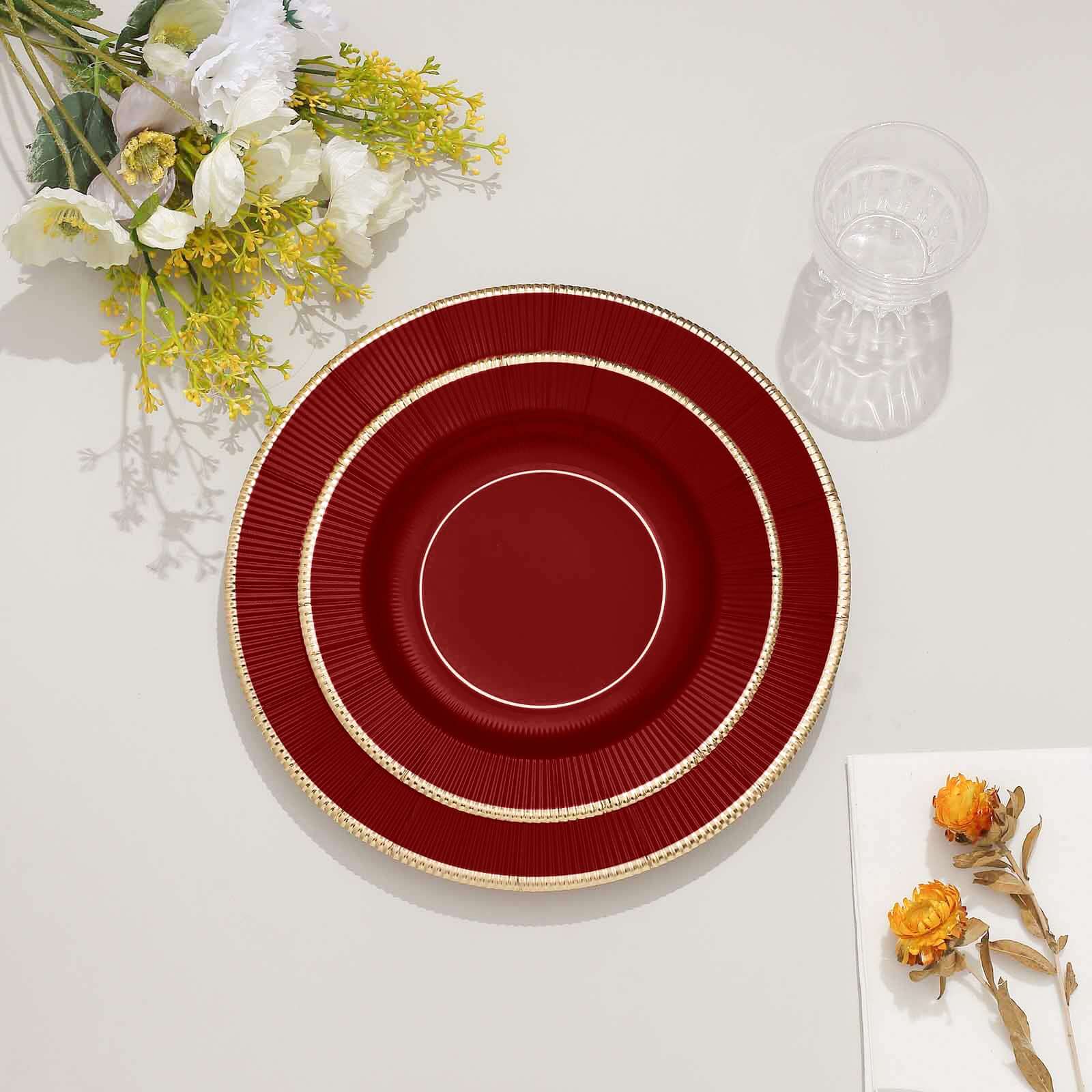 25-Pack Paper Round Dessert Plates 8" Burgundy Sunray Design with Gold Rim - 350GSM Heavy Duty Disposable Appetizer Salad Plates - Image 6