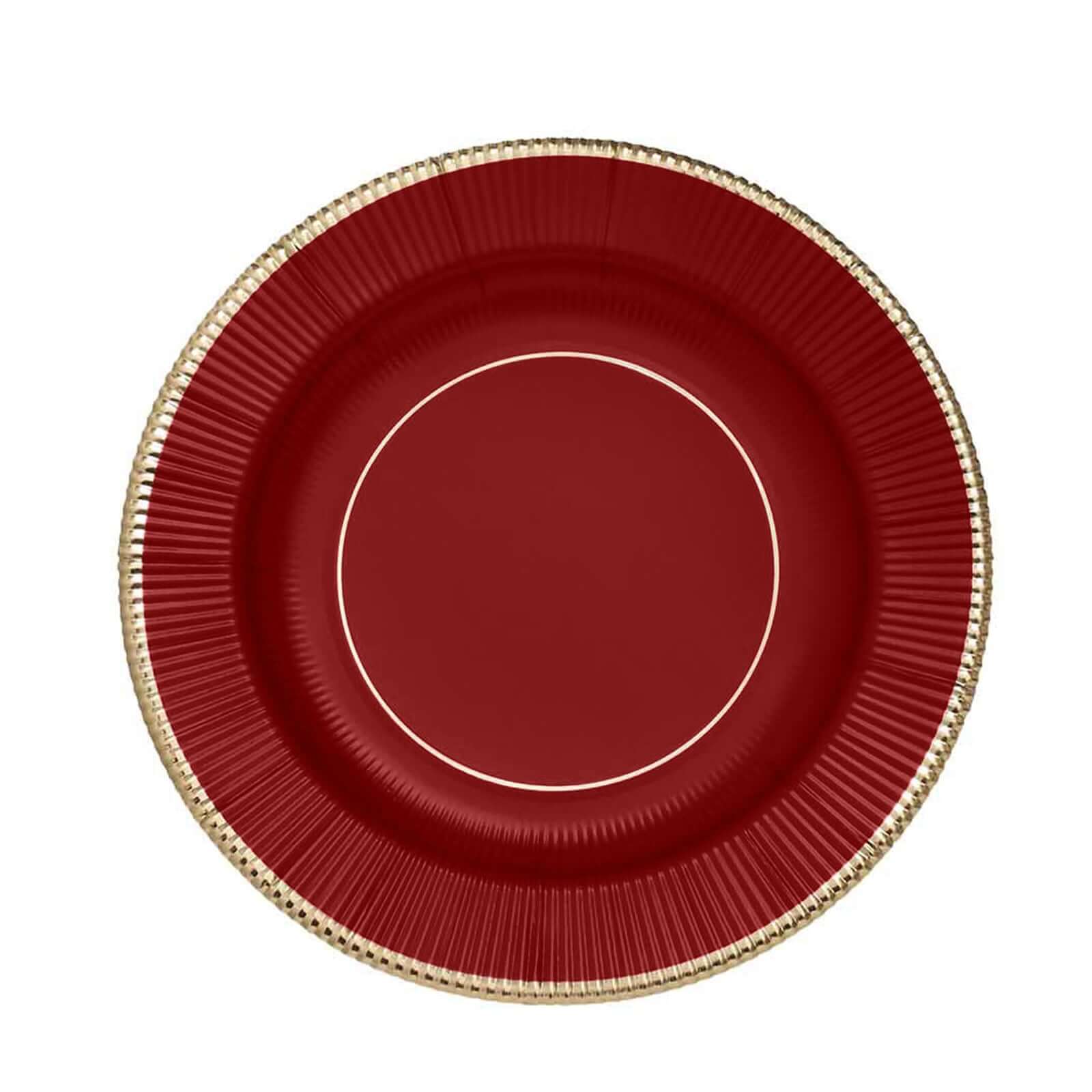 25-Pack Paper Round Dessert Plates 8" Burgundy Sunray Design with Gold Rim - 350GSM Heavy Duty Disposable Appetizer Salad Plates - Image 7
