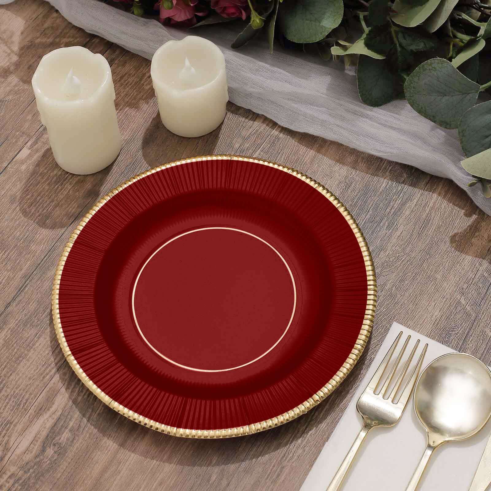 25-Pack Paper Round Dessert Plates 8" Burgundy Sunray Design with Gold Rim - 350GSM Heavy Duty Disposable Appetizer Salad Plates - Image 8