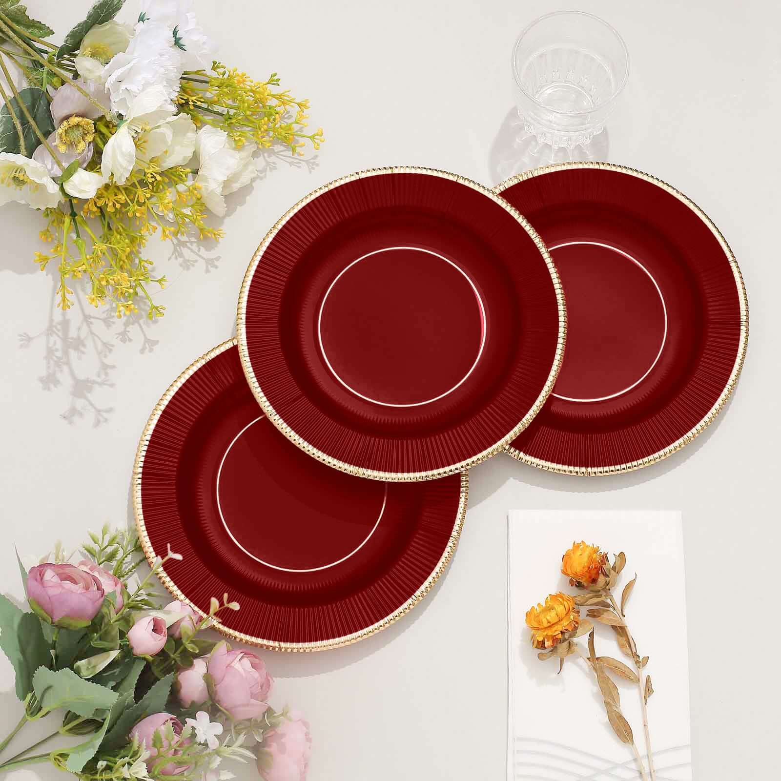 25-Pack Paper Round Dessert Plates 8" Burgundy Sunray Design with Gold Rim - 350GSM Heavy Duty Disposable Appetizer Salad Plates - Image 9