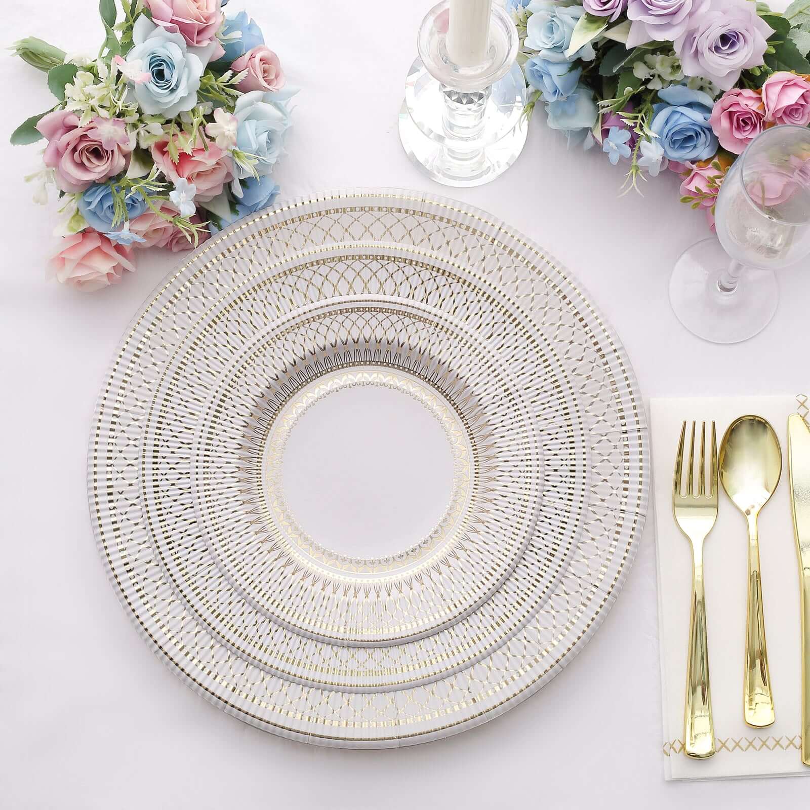 25-Pack Paper Round Dessert Plates 8" Gold And White Vintage Porcelain Style - 300GSM Heavy Duty Disposable Salad Appetizer Plates for Classy Themes & Celebrations - Image 2