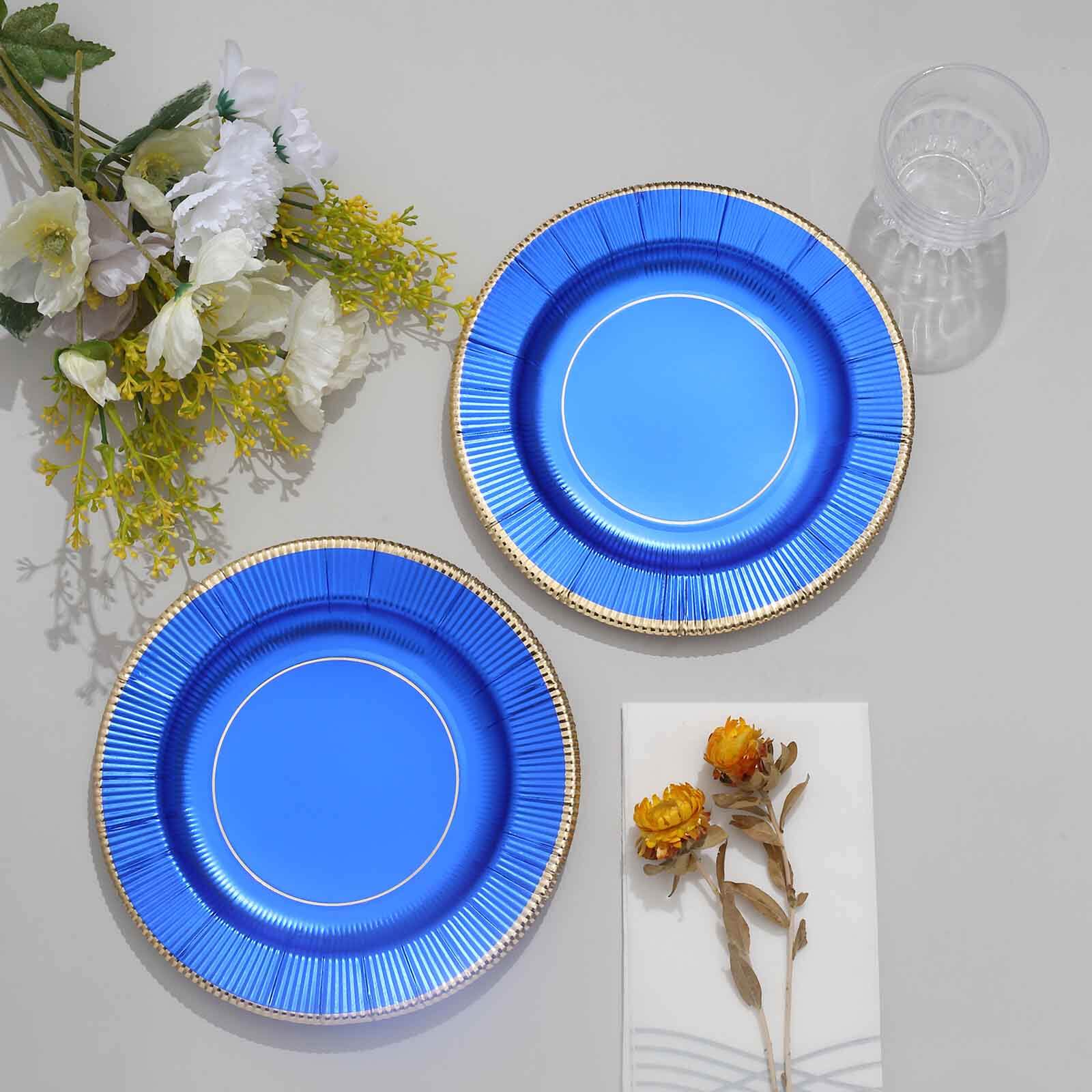 25-Pack Paper Round Dessert Plates 8" Royal Blue Sunray Design with Gold Rim - 350GSM Heavy Duty Disposable Appetizer Salad Plates - Image 12