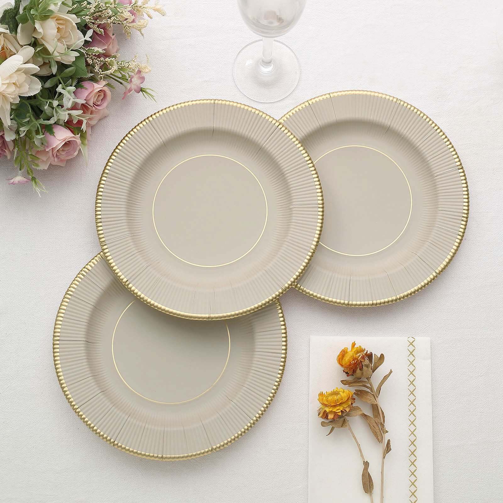 25-Pack Paper Round Dessert Plates 8" Taupe Sunray Design with Gold Rim - 350GSM Heavy Duty Disposable Appetizer Salad Plates - Image 10