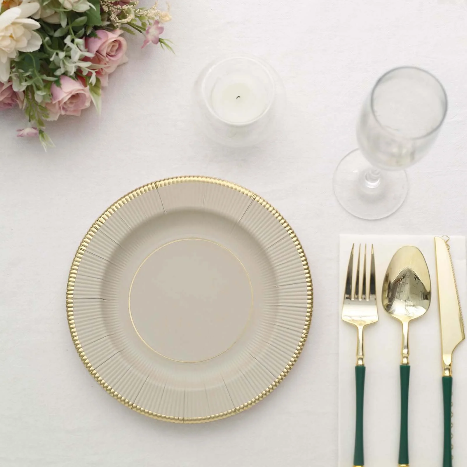 25-Pack Paper Round Dessert Plates 8" Taupe Sunray Design with Gold Rim - 350GSM Heavy Duty Disposable Appetizer Salad Plates - Image 11