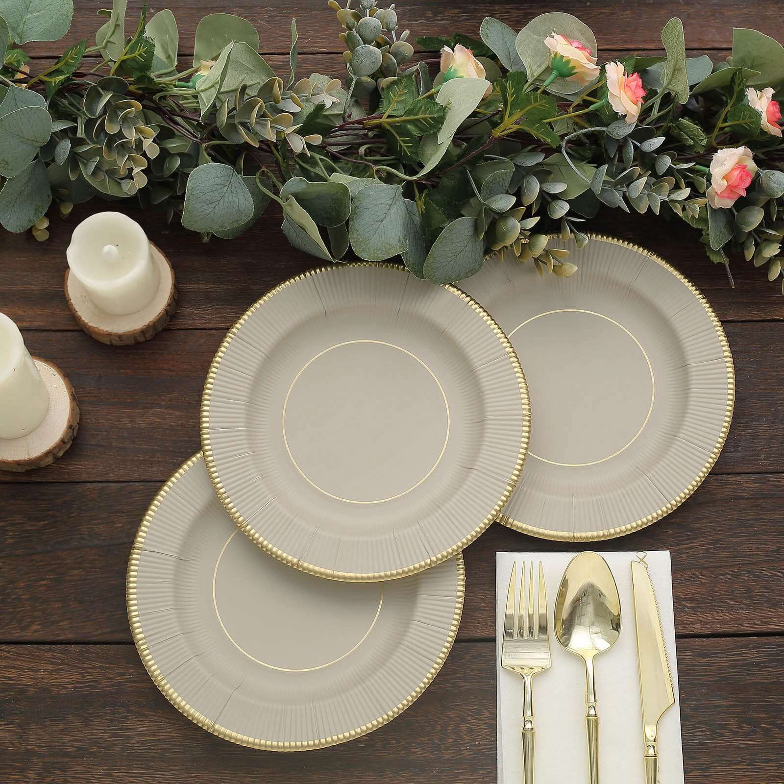 25-Pack Paper Round Dessert Plates 8" Taupe Sunray Design with Gold Rim - 350GSM Heavy Duty Disposable Appetizer Salad Plates - Image 12