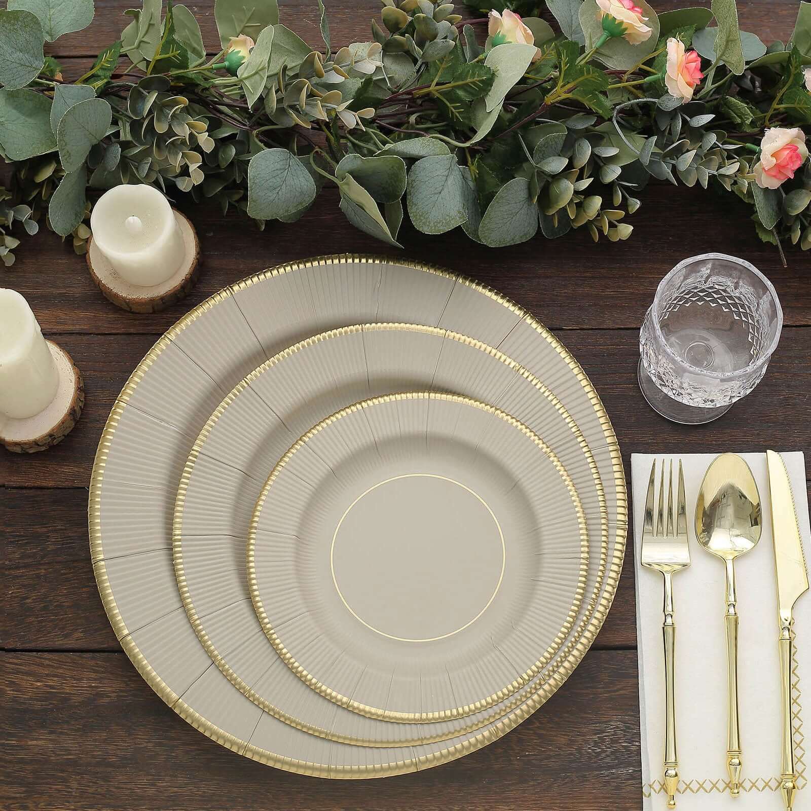 25-Pack Paper Round Dessert Plates 8" Taupe Sunray Design with Gold Rim - 350GSM Heavy Duty Disposable Appetizer Salad Plates - Image 13