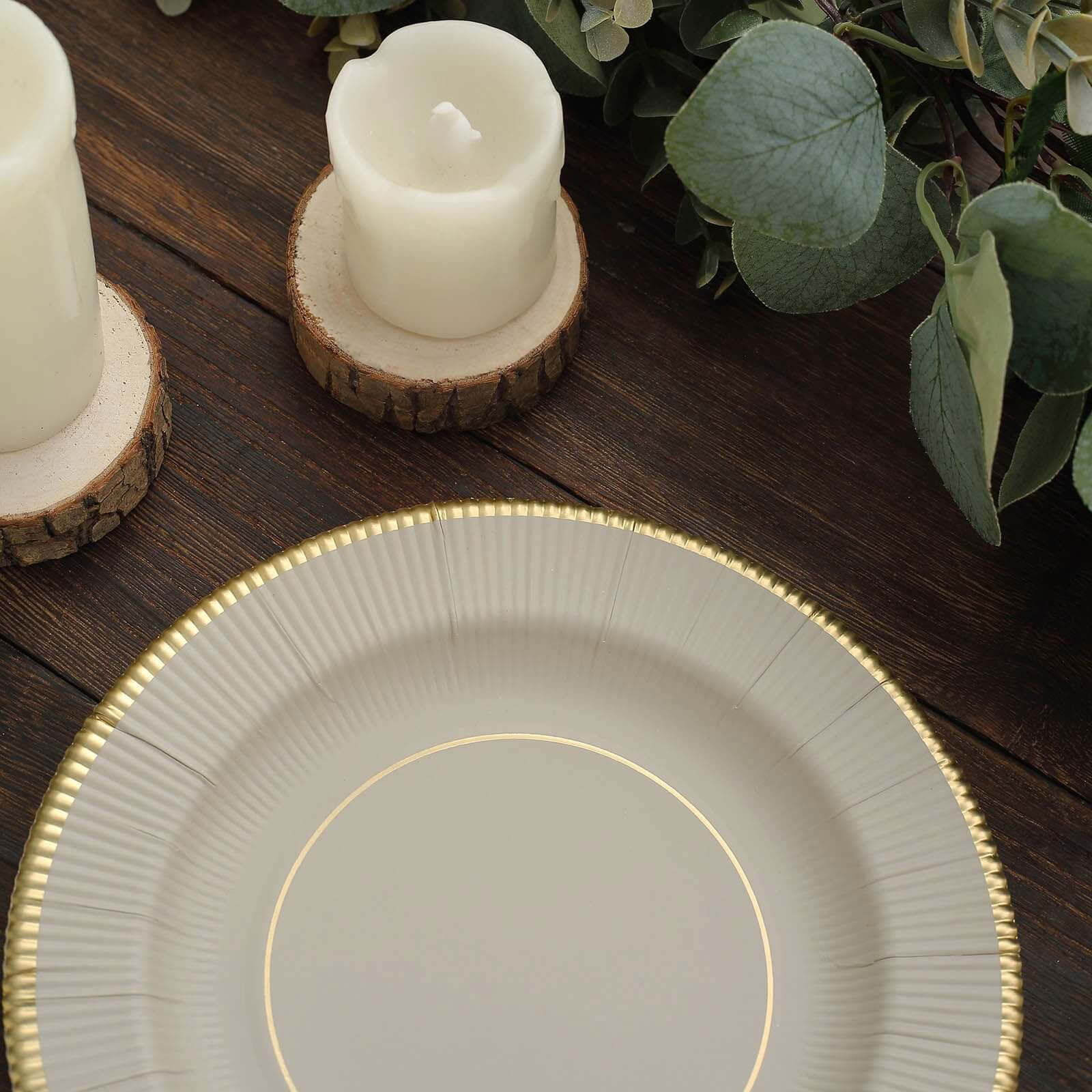 25-Pack Paper Round Dessert Plates 8" Taupe Sunray Design with Gold Rim - 350GSM Heavy Duty Disposable Appetizer Salad Plates - Image 15