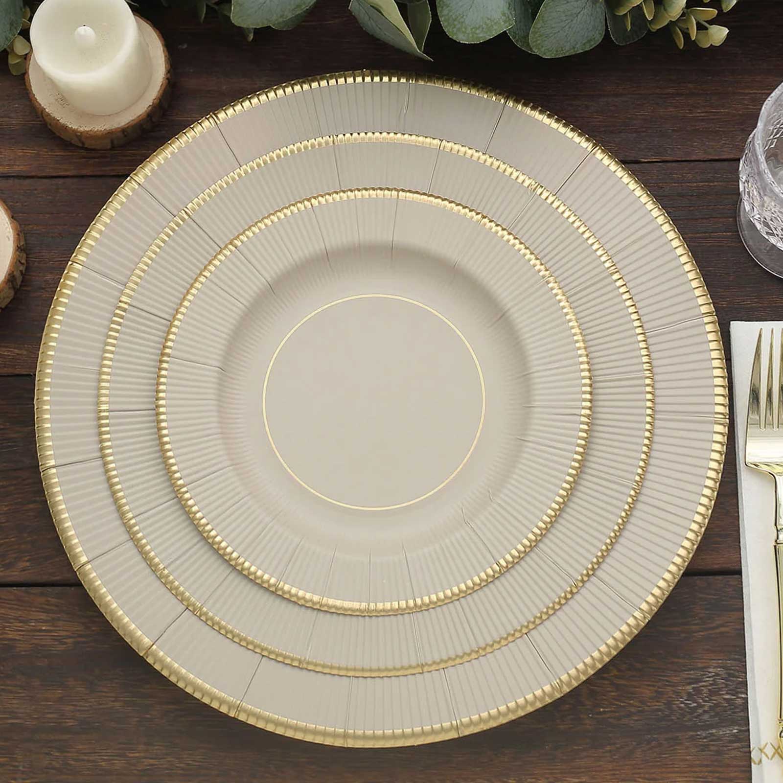 25-Pack Paper Round Dessert Plates 8" Taupe Sunray Design with Gold Rim - 350GSM Heavy Duty Disposable Appetizer Salad Plates - Image 6