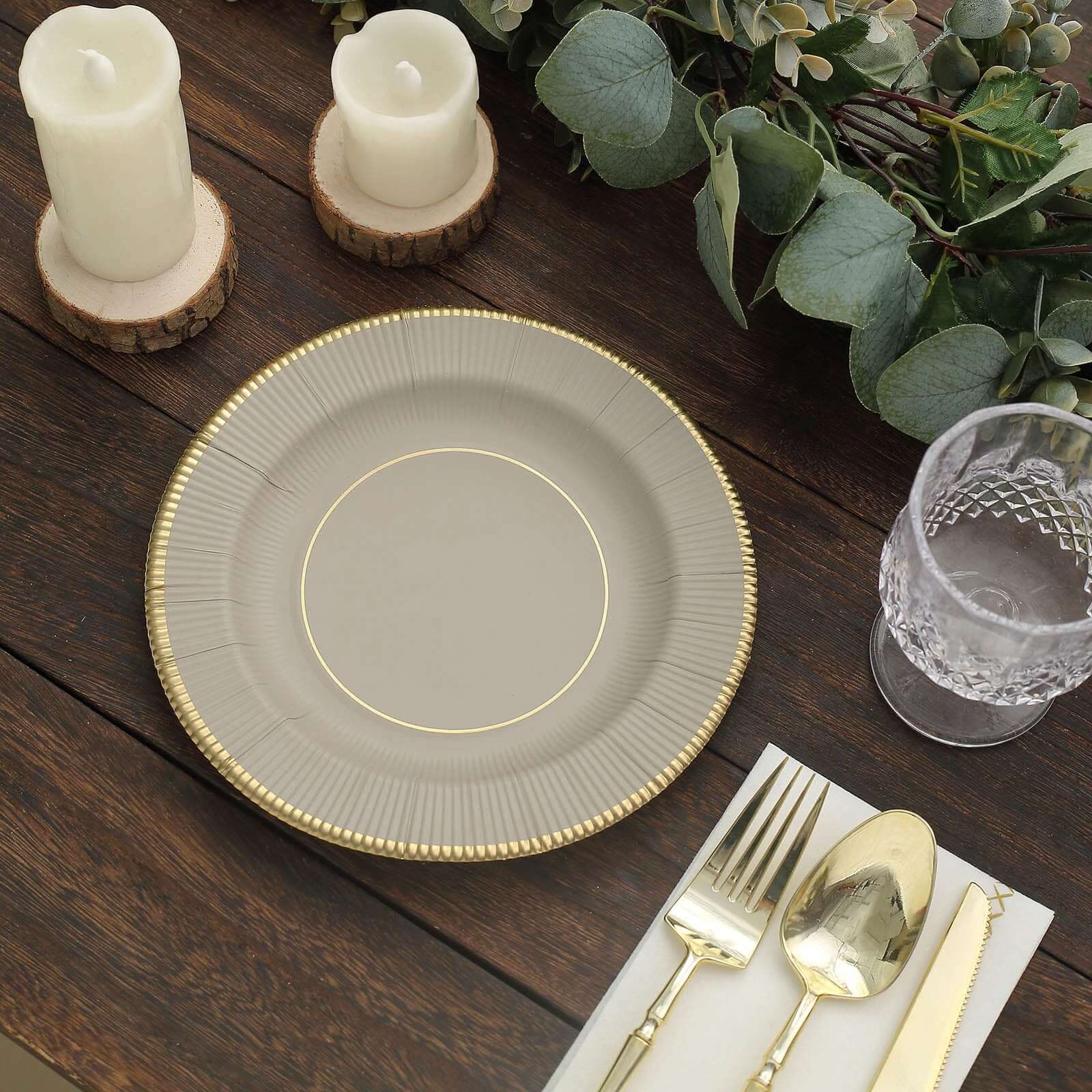 25-Pack Paper Round Dessert Plates 8" Taupe Sunray Design with Gold Rim - 350GSM Heavy Duty Disposable Appetizer Salad Plates - Image 7