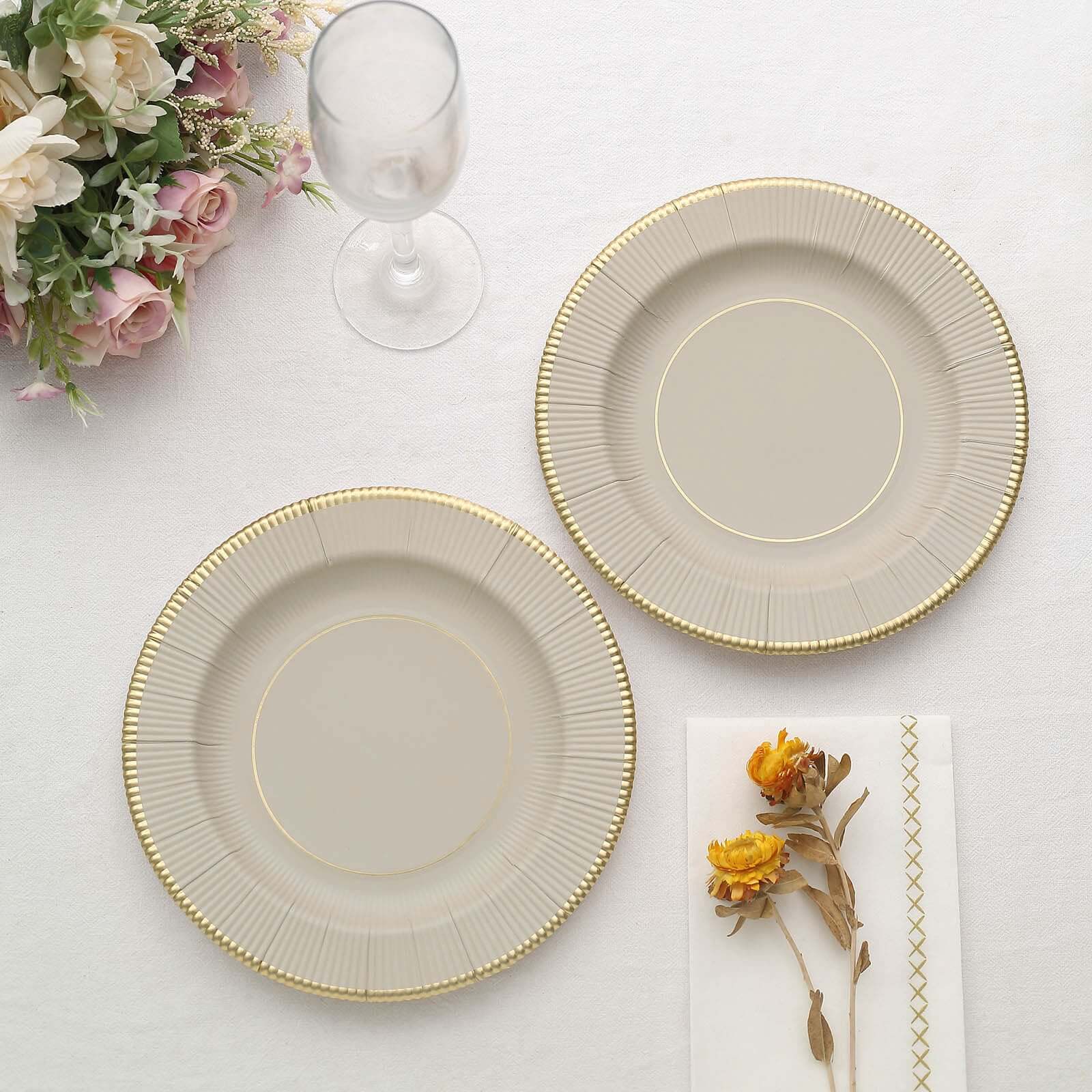 25-Pack Paper Round Dessert Plates 8" Taupe Sunray Design with Gold Rim - 350GSM Heavy Duty Disposable Appetizer Salad Plates - Image 9