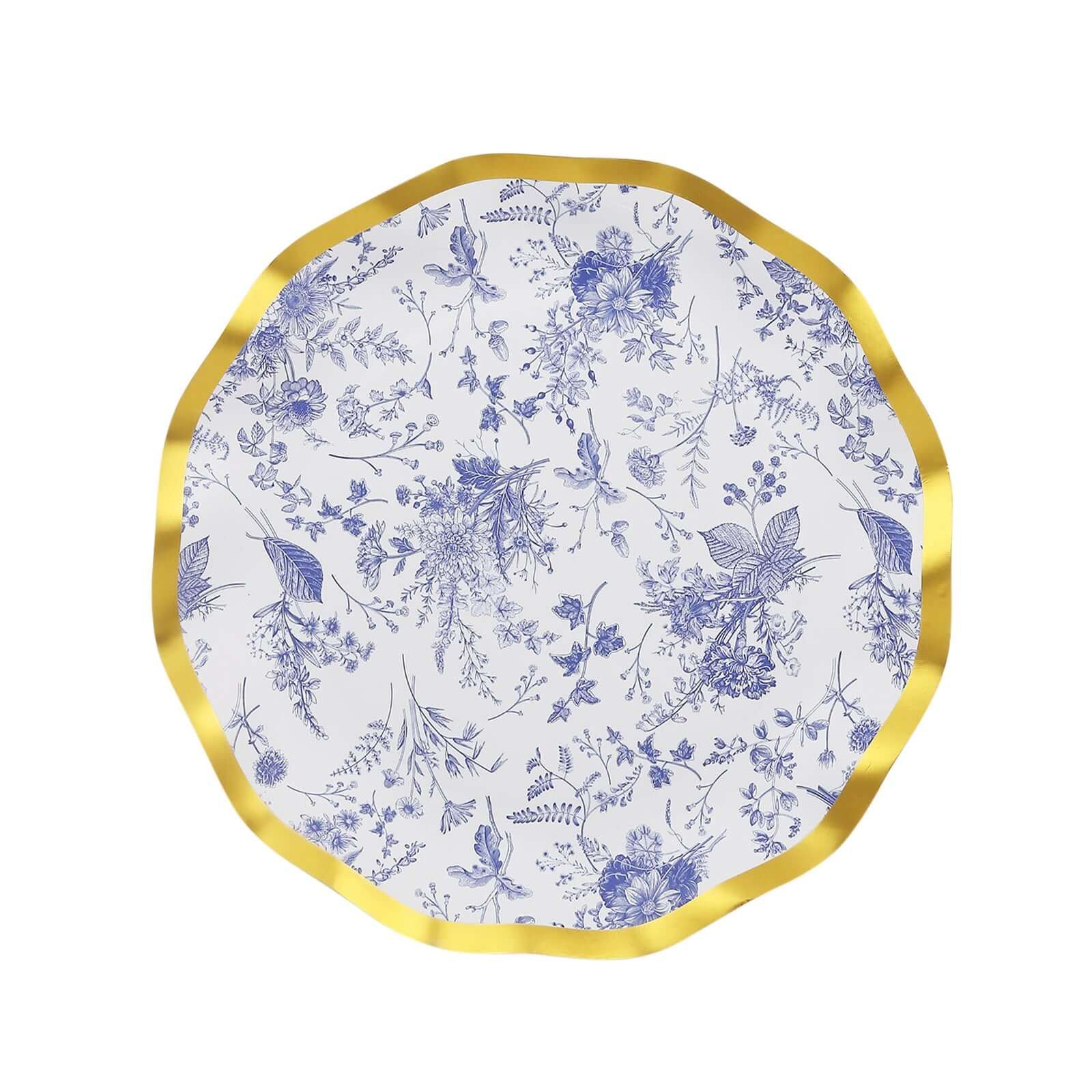 25-Pack Paper Round Dessert Plates 8" White Blue French Toile Floral Pattern with Gold Wavy Rim - 350GSM Disposable Salad Party Plates - Image 7