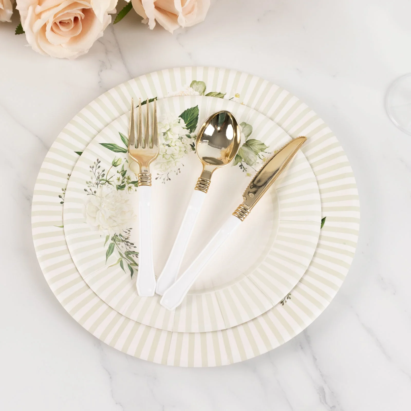 25-Pack Paper Round Dessert Plates 8" White with Sage Green Floral Print & Lined Rim - Disposable Appetizer Salad Party Plates for Bridal Showers & Luncheons - Image 5
