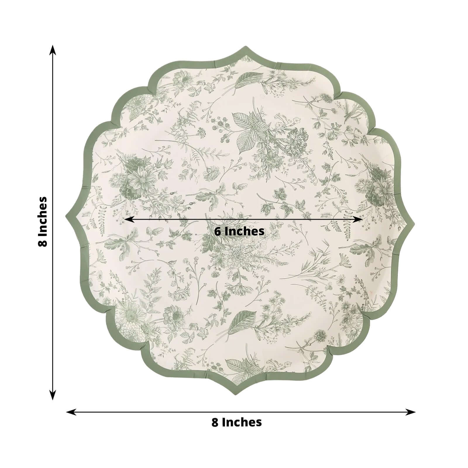 25-Pack Paper Round Dessert Plates 8" White with Sage Green French Toile Design & Scalloped Rim - 300GSM Disposable Salad Appetizer Plates for Chic Table Decor - Image 3