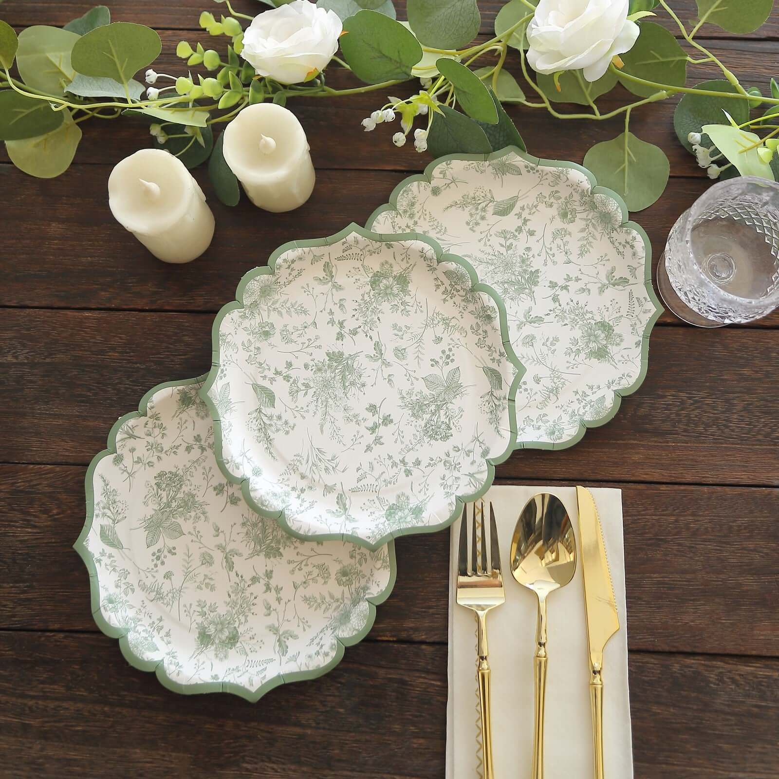 25-Pack Paper Round Dessert Plates 8" White with Sage Green French Toile Design & Scalloped Rim - 300GSM Disposable Salad Appetizer Plates for Chic Table Decor - Image 4