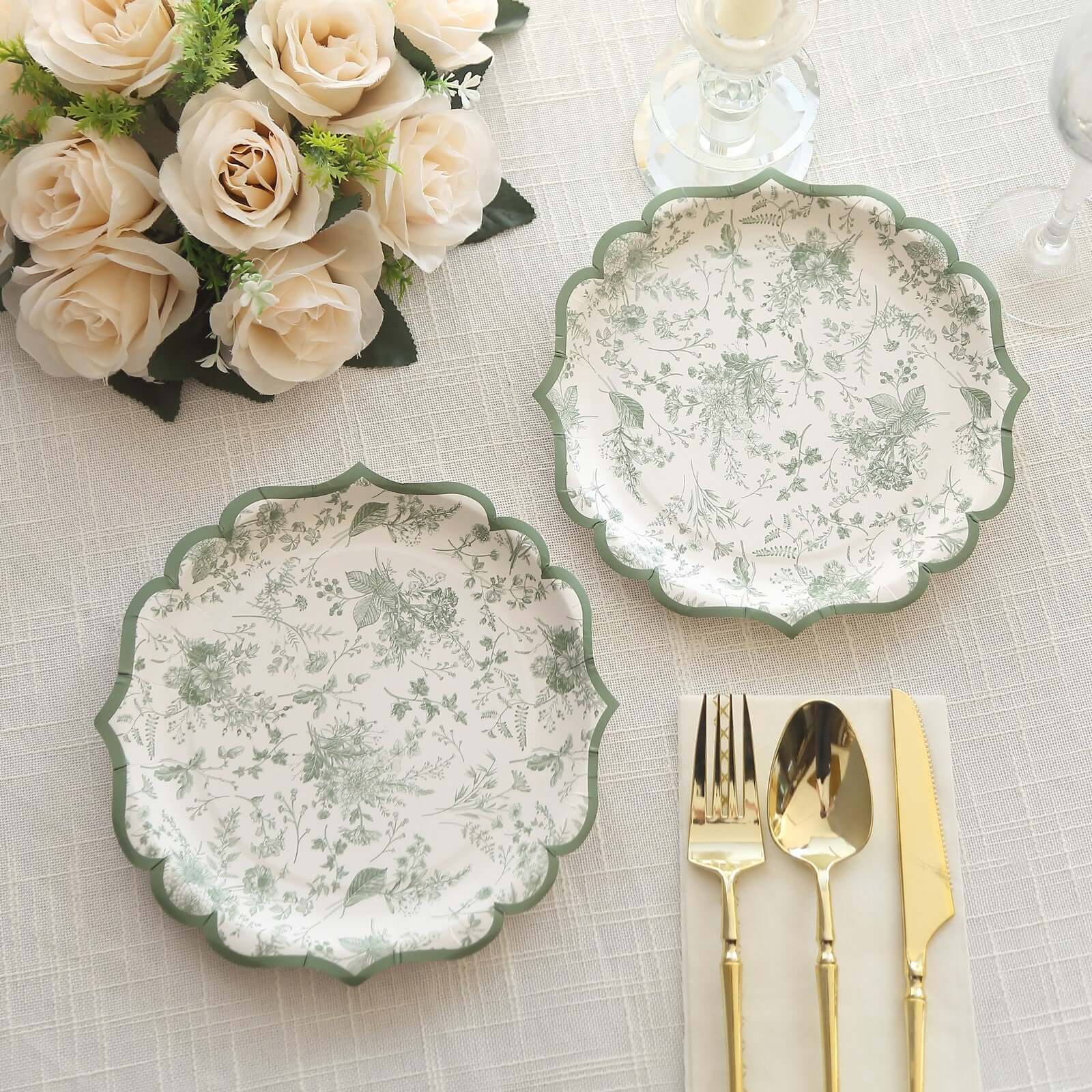 25-Pack Paper Round Dessert Plates 8" White with Sage Green French Toile Design & Scalloped Rim - 300GSM Disposable Salad Appetizer Plates for Chic Table Decor - Image 5
