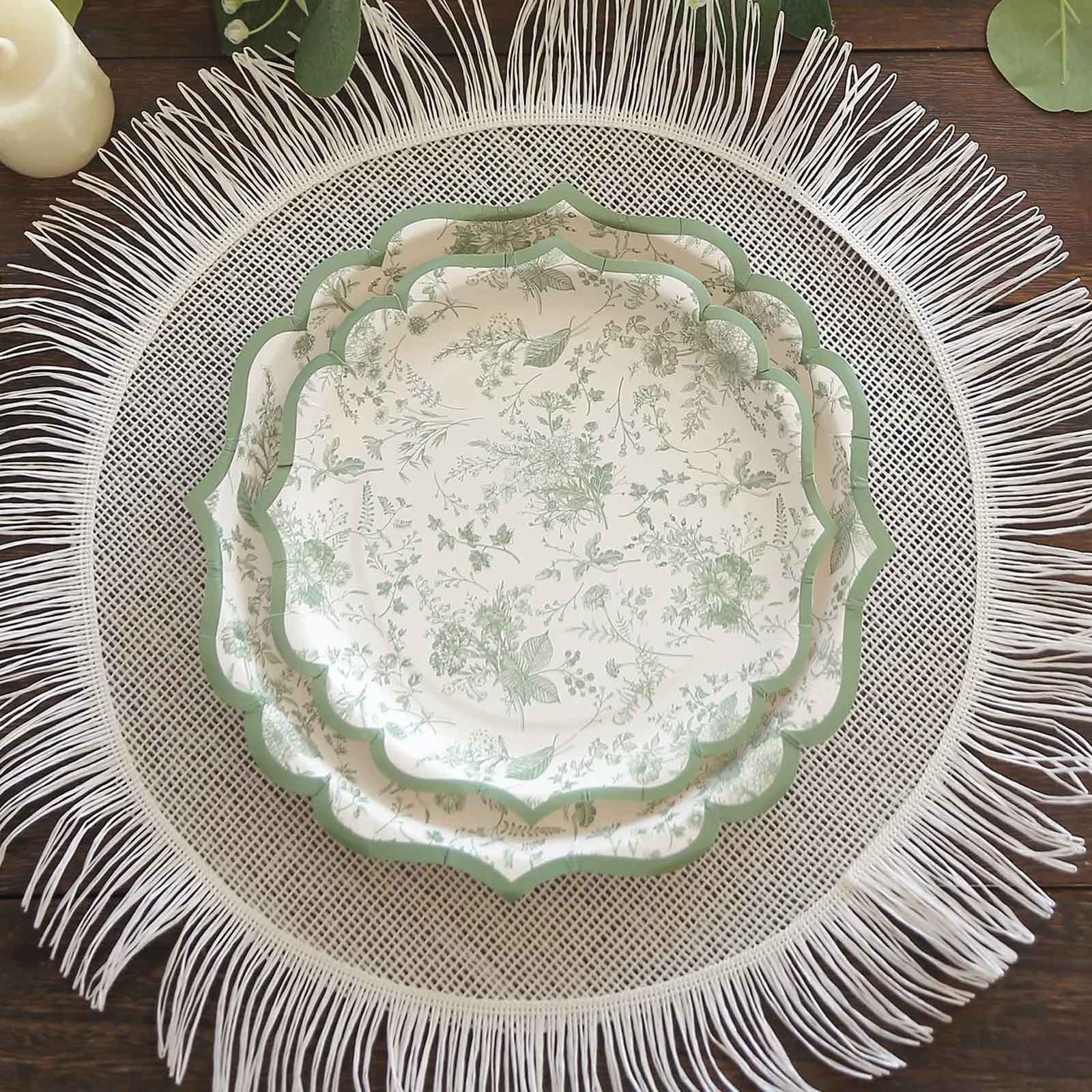 25-Pack Paper Round Dessert Plates 8" White with Sage Green French Toile Design & Scalloped Rim - 300GSM Disposable Salad Appetizer Plates for Chic Table Decor - Image 6