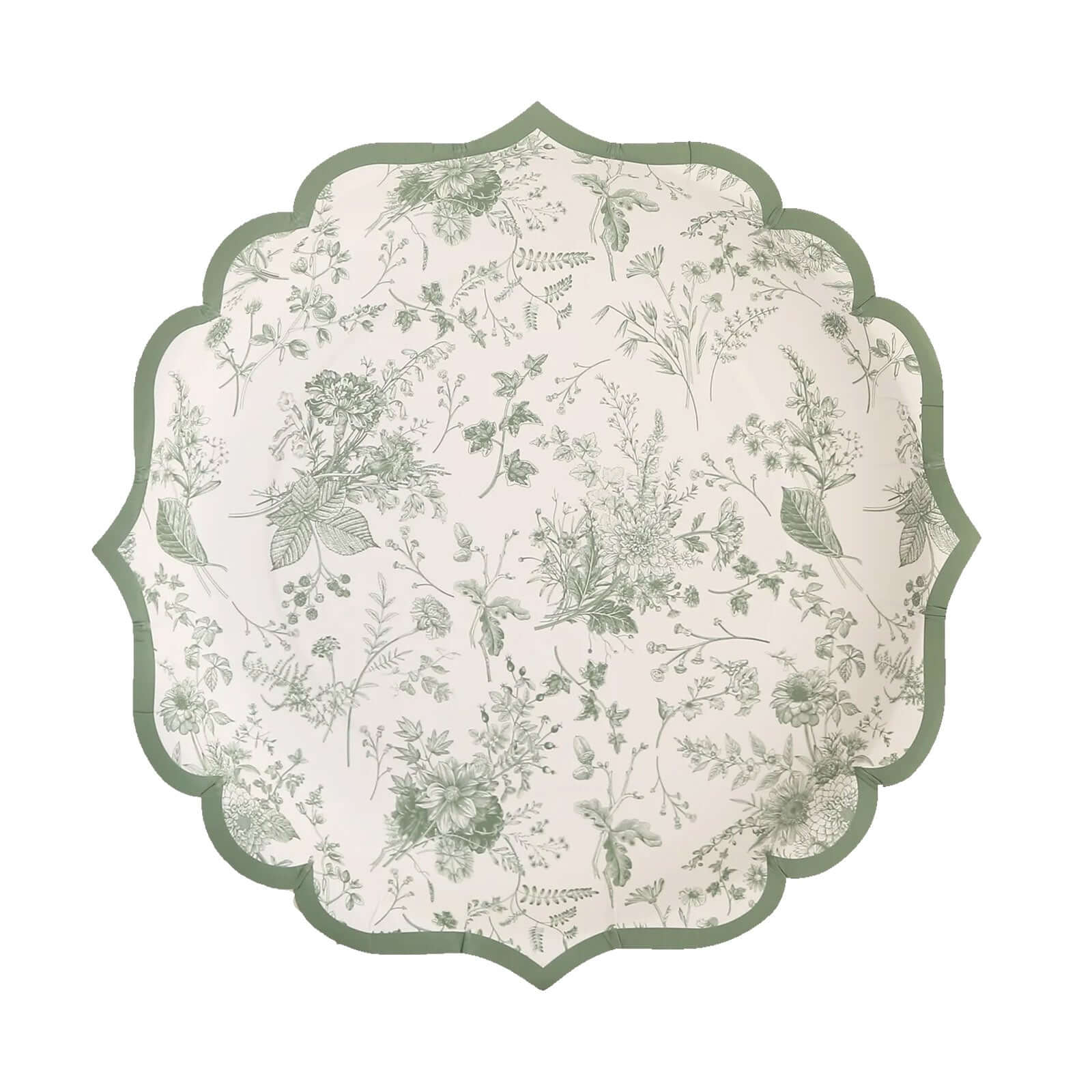 25-Pack Paper Round Dessert Plates 8" White with Sage Green French Toile Design & Scalloped Rim - 300GSM Disposable Salad Appetizer Plates for Chic Table Decor - Image 7