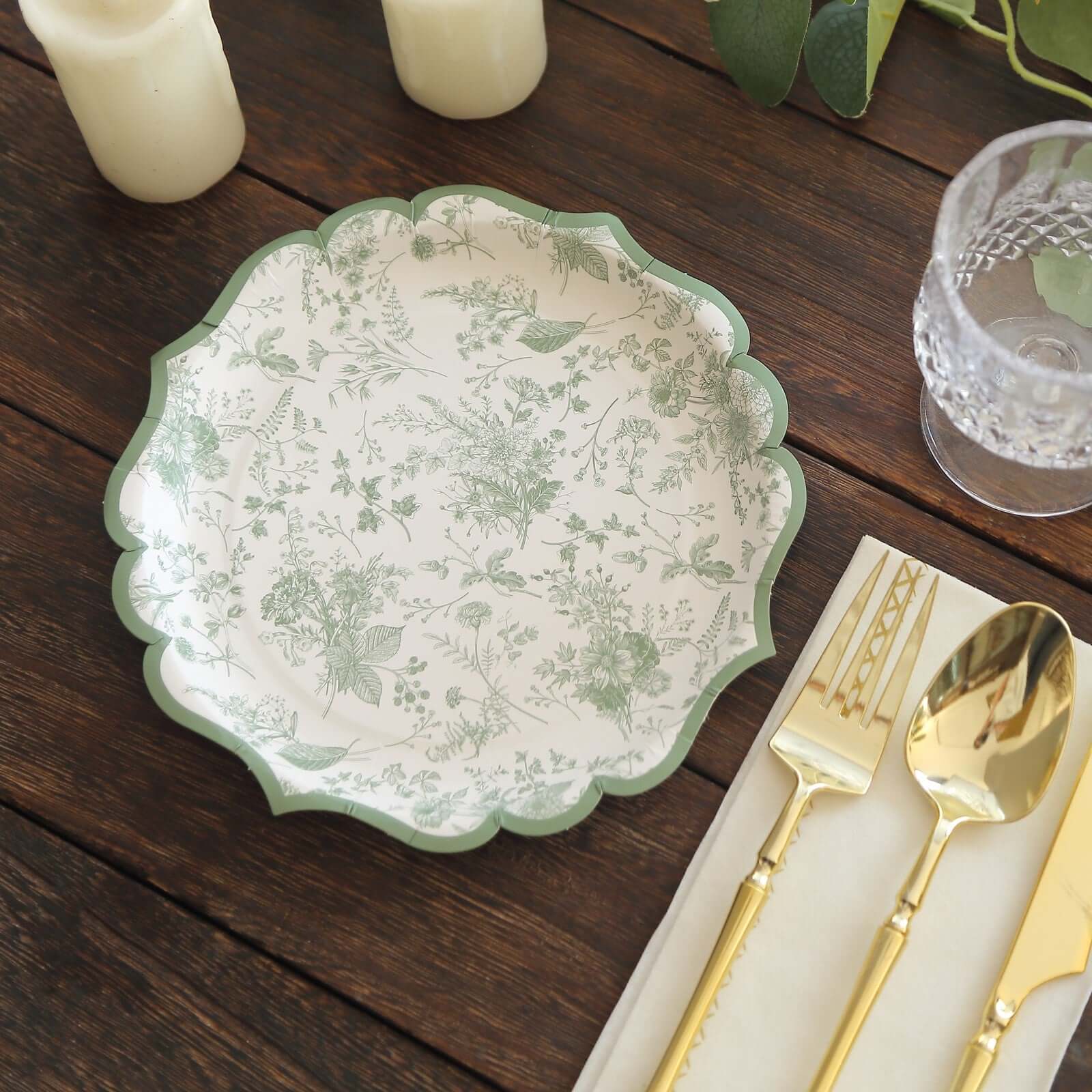 25-Pack Paper Round Dessert Plates 8" White with Sage Green French Toile Design & Scalloped Rim - 300GSM Disposable Salad Appetizer Plates for Chic Table Decor - Image 8