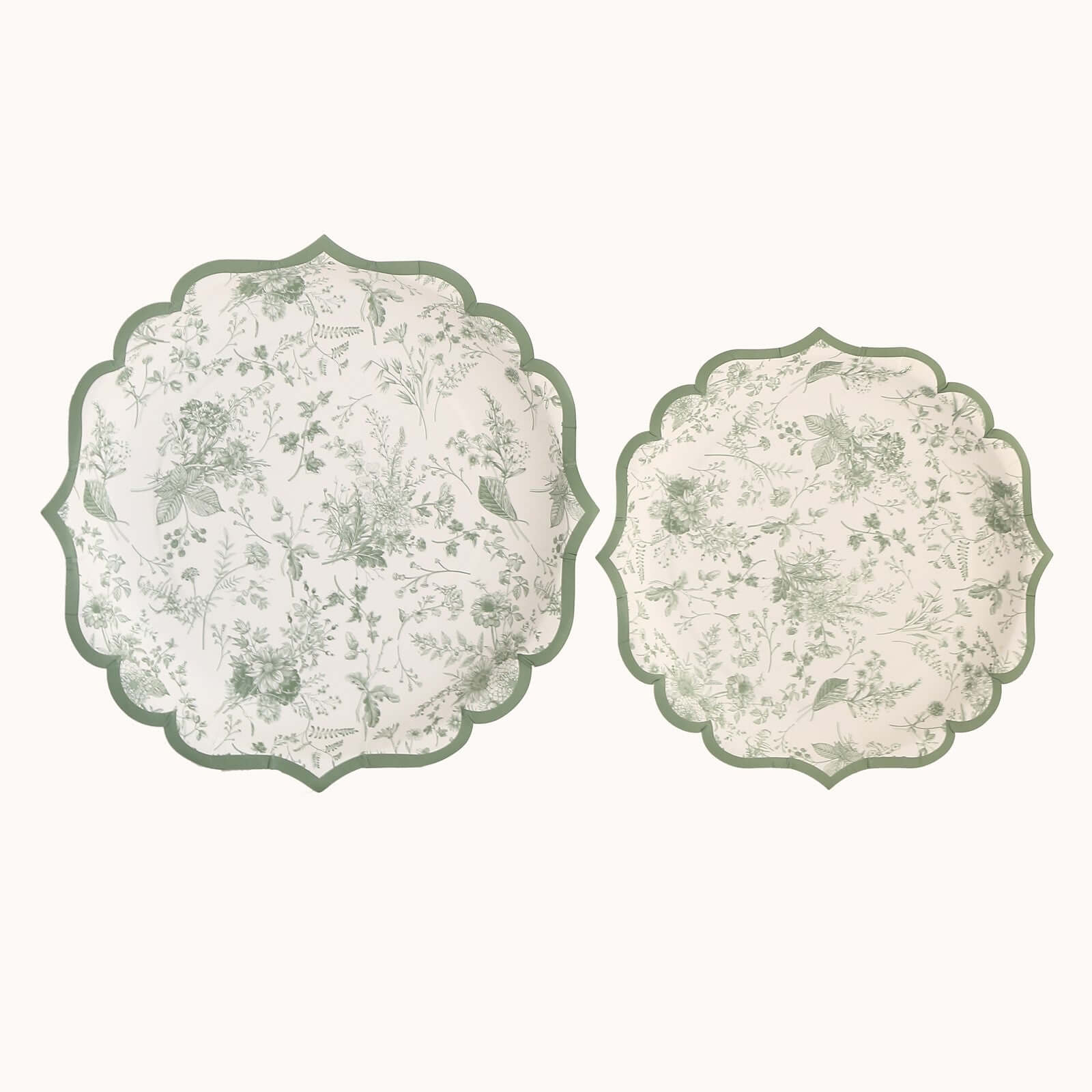 25-Pack Paper Round Dessert Plates 8" White with Sage Green French Toile Design & Scalloped Rim - 300GSM Disposable Salad Appetizer Plates for Chic Table Decor - Image 9