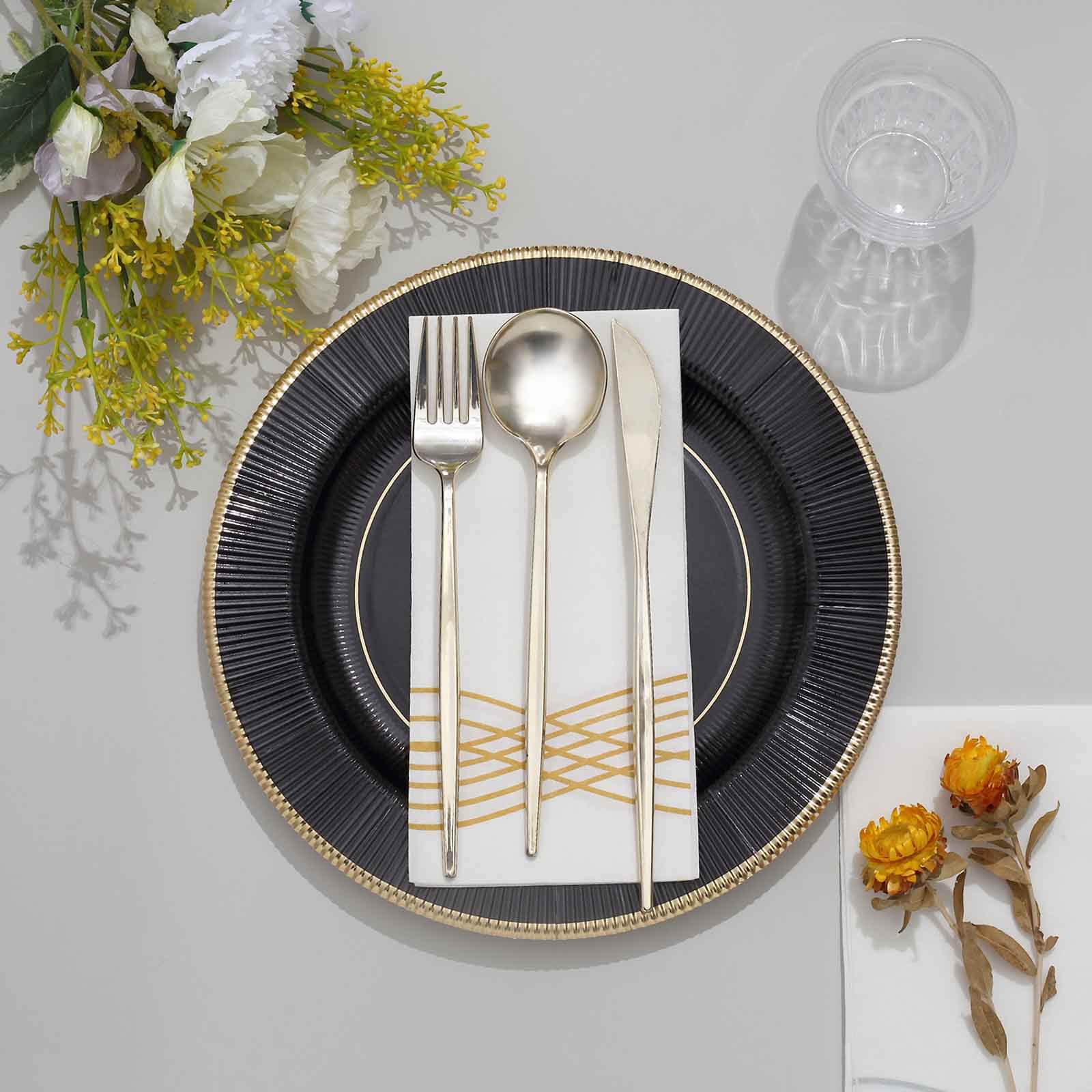 25-Pack Paper Round Dinner Plates 10" Black Sunray Design with Gold Rim - 350GSM Heavy Duty Disposable Party Plates - Image 10