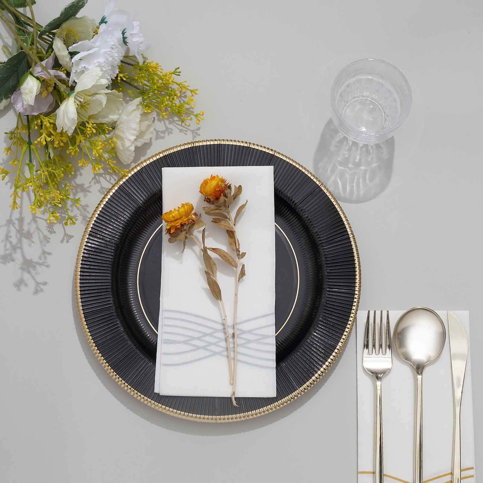 25-Pack Paper Round Dinner Plates 10" Black Sunray Design with Gold Rim - 350GSM Heavy Duty Disposable Party Plates - Image 11