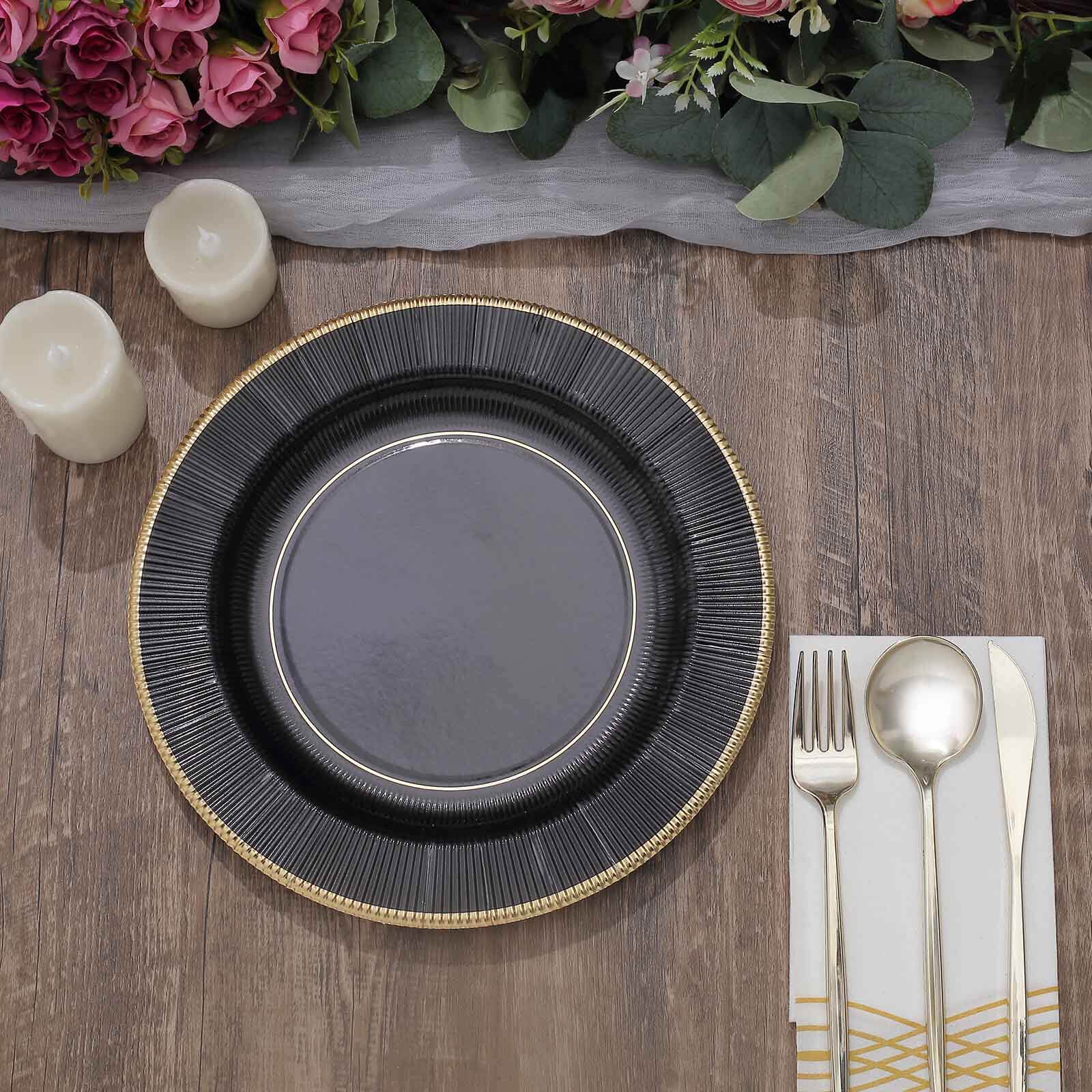 25-Pack Paper Round Dinner Plates 10" Black Sunray Design with Gold Rim - 350GSM Heavy Duty Disposable Party Plates - Image 12