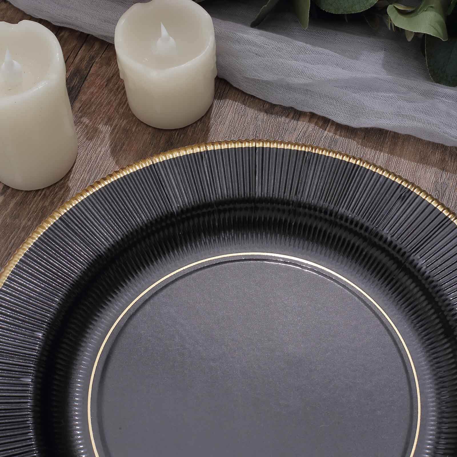 25-Pack Paper Round Dinner Plates 10" Black Sunray Design with Gold Rim - 350GSM Heavy Duty Disposable Party Plates - Image 13