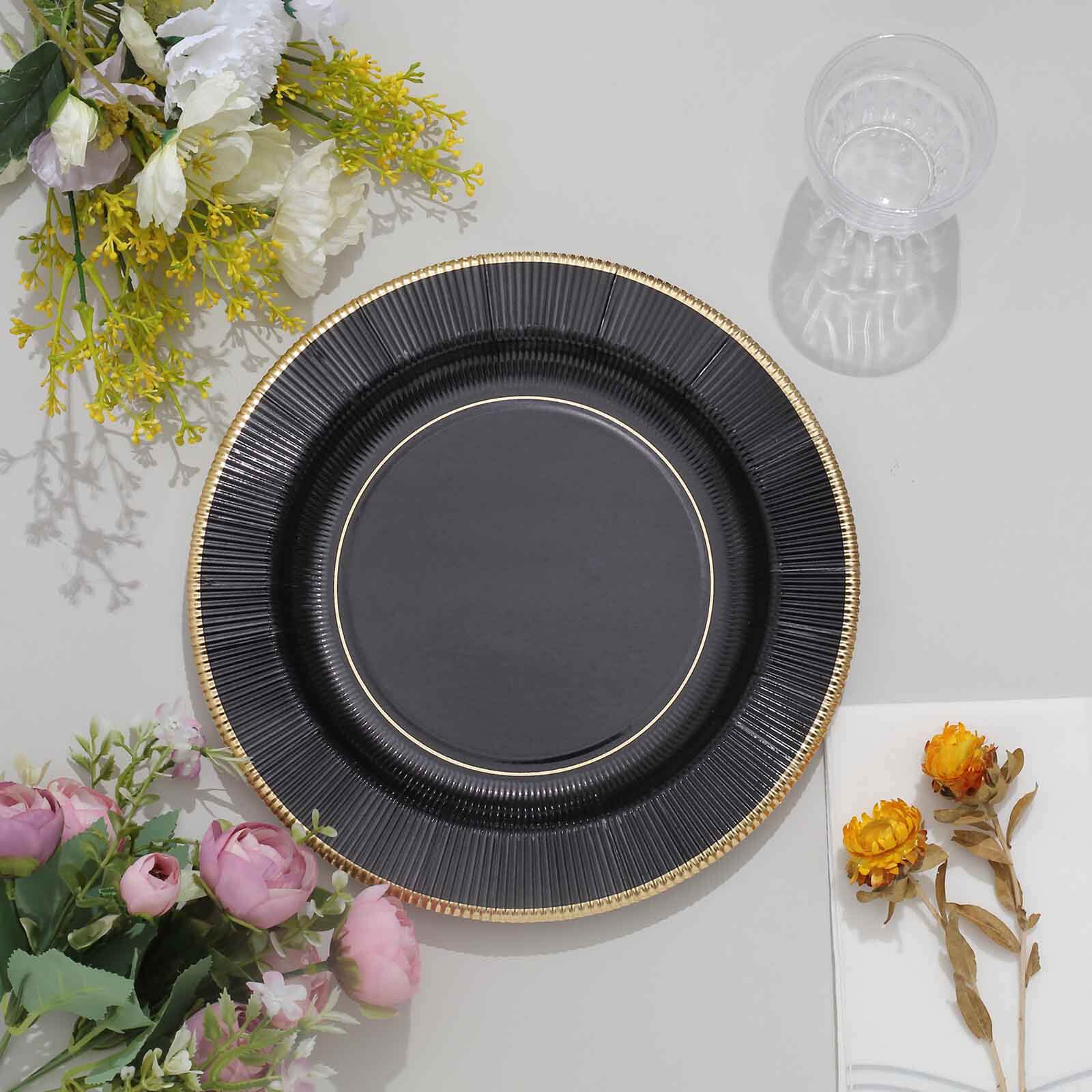 25-Pack Paper Round Dinner Plates 10" Black Sunray Design with Gold Rim - 350GSM Heavy Duty Disposable Party Plates - Image 14