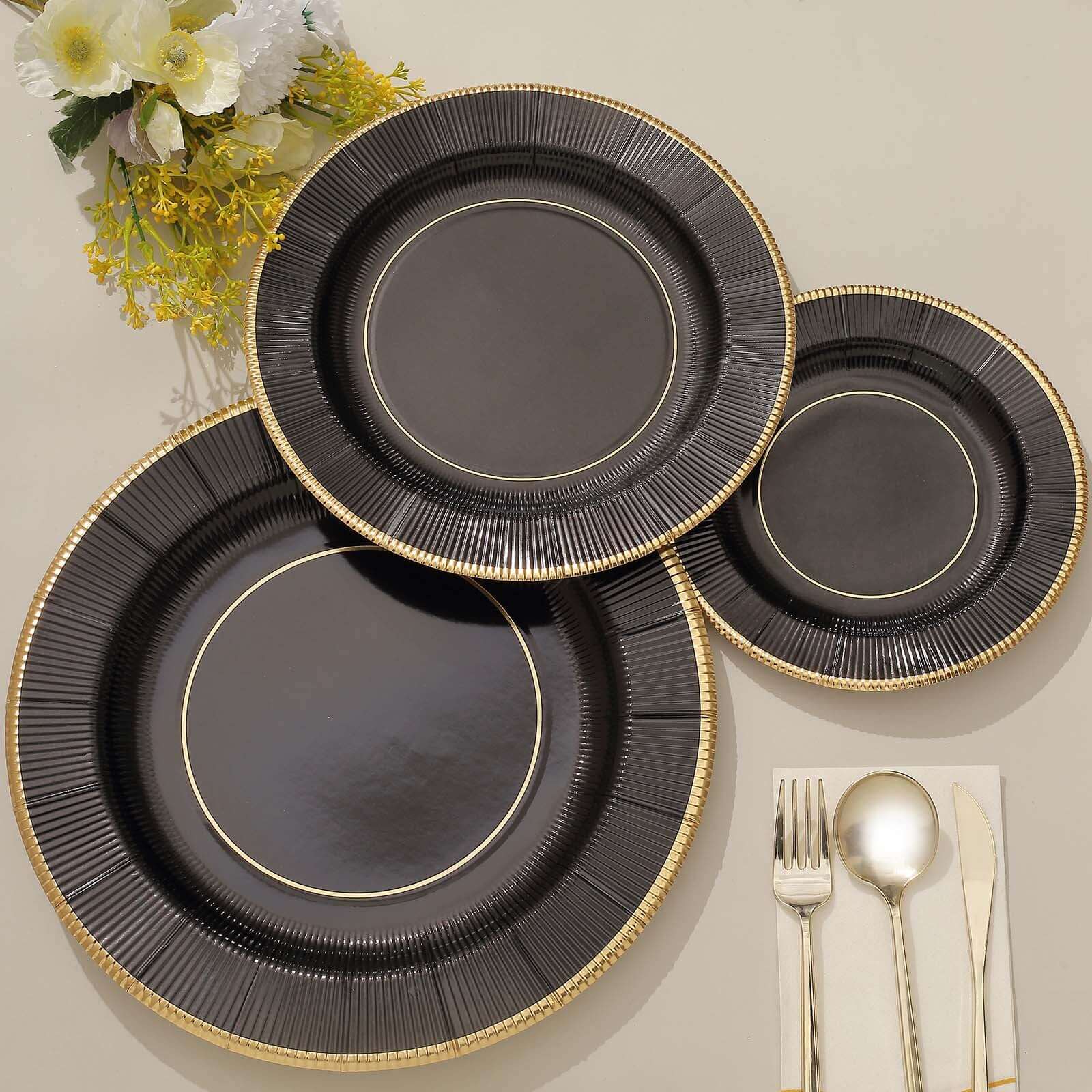 25-Pack Paper Round Dinner Plates 10" Black Sunray Design with Gold Rim - 350GSM Heavy Duty Disposable Party Plates - Image 6