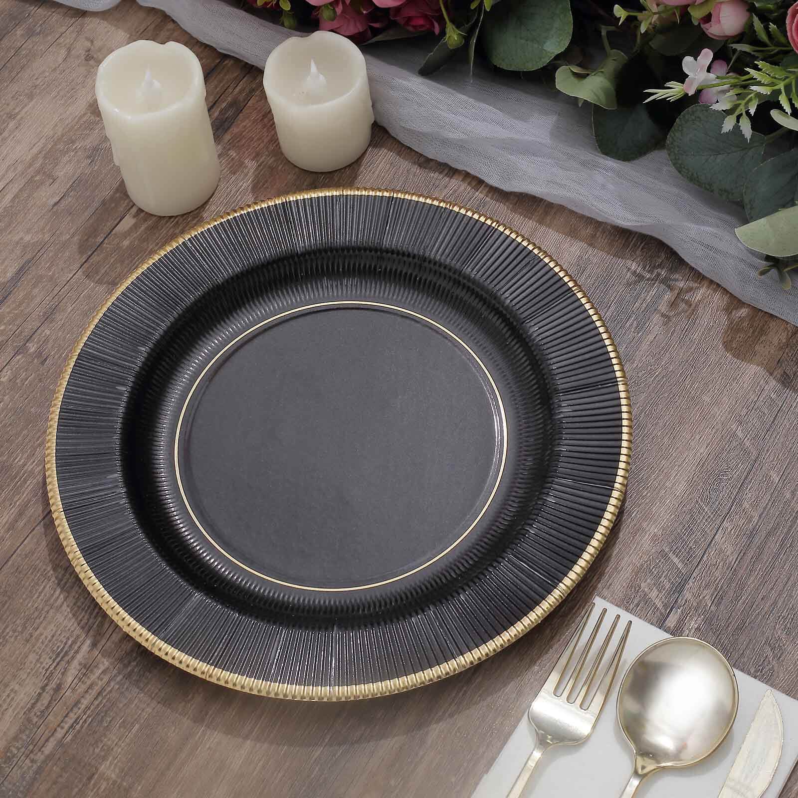 25-Pack Paper Round Dinner Plates 10" Black Sunray Design with Gold Rim - 350GSM Heavy Duty Disposable Party Plates - Image 9