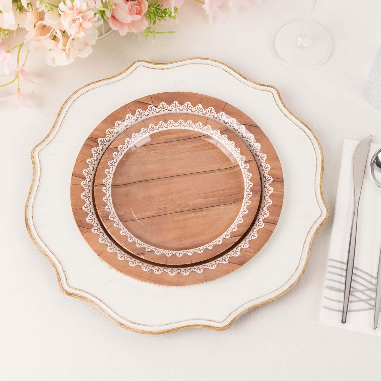 25-Pack Paper Round Dinner Plates 9" Brown Wood Grain Print with White Floral Lace Rim - Disposable Party Plates Rustic & Nature-Inspired Events - Image 2