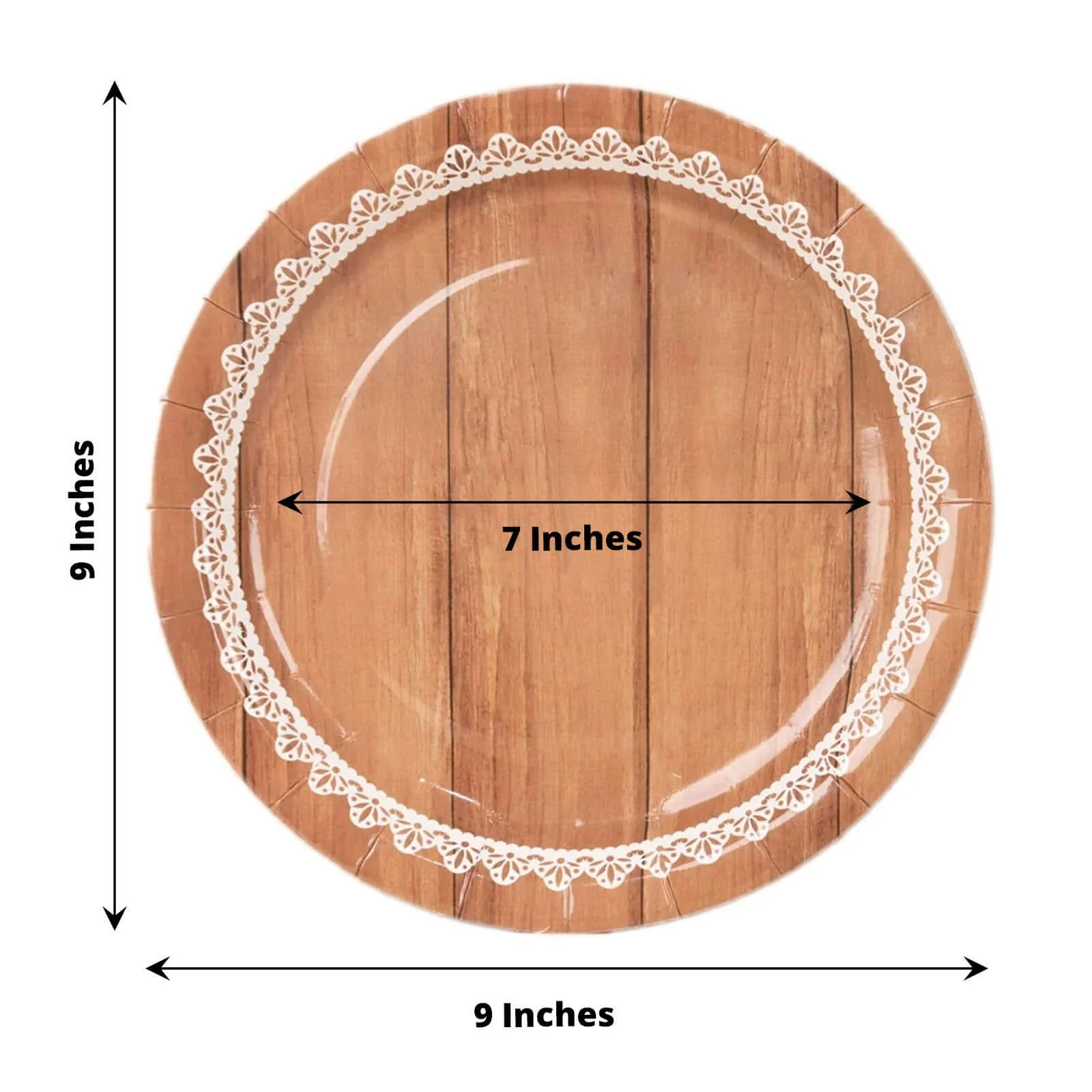 25-Pack Paper Round Dinner Plates 9" Brown Wood Grain Print with White Floral Lace Rim - Disposable Party Plates Rustic & Nature-Inspired Events - Image 3