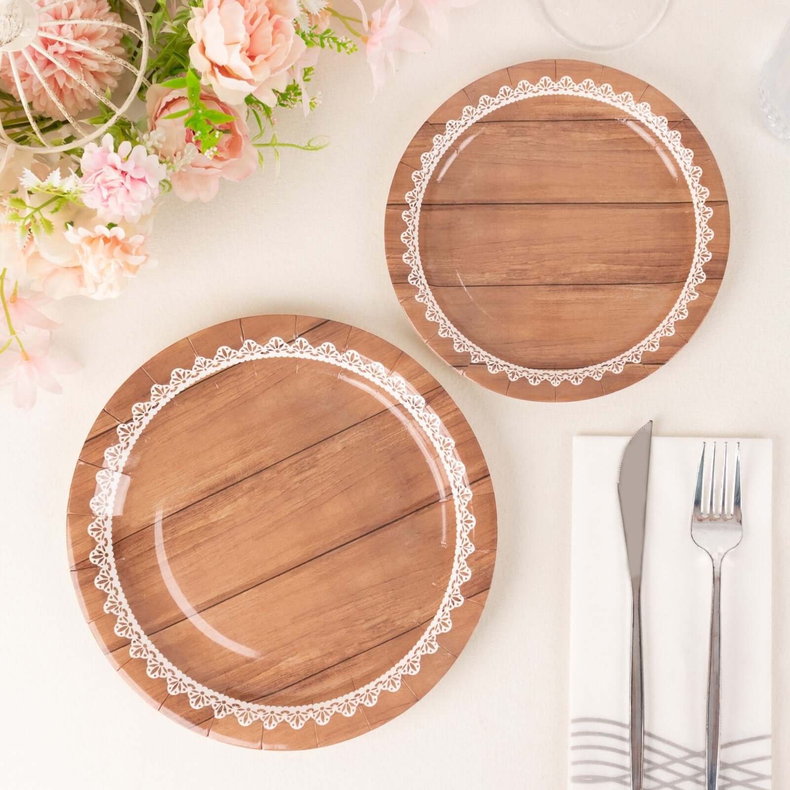 25-Pack Paper Round Dinner Plates 9" Brown Wood Grain Print with White Floral Lace Rim - Disposable Party Plates Rustic & Nature-Inspired Events - Image 4