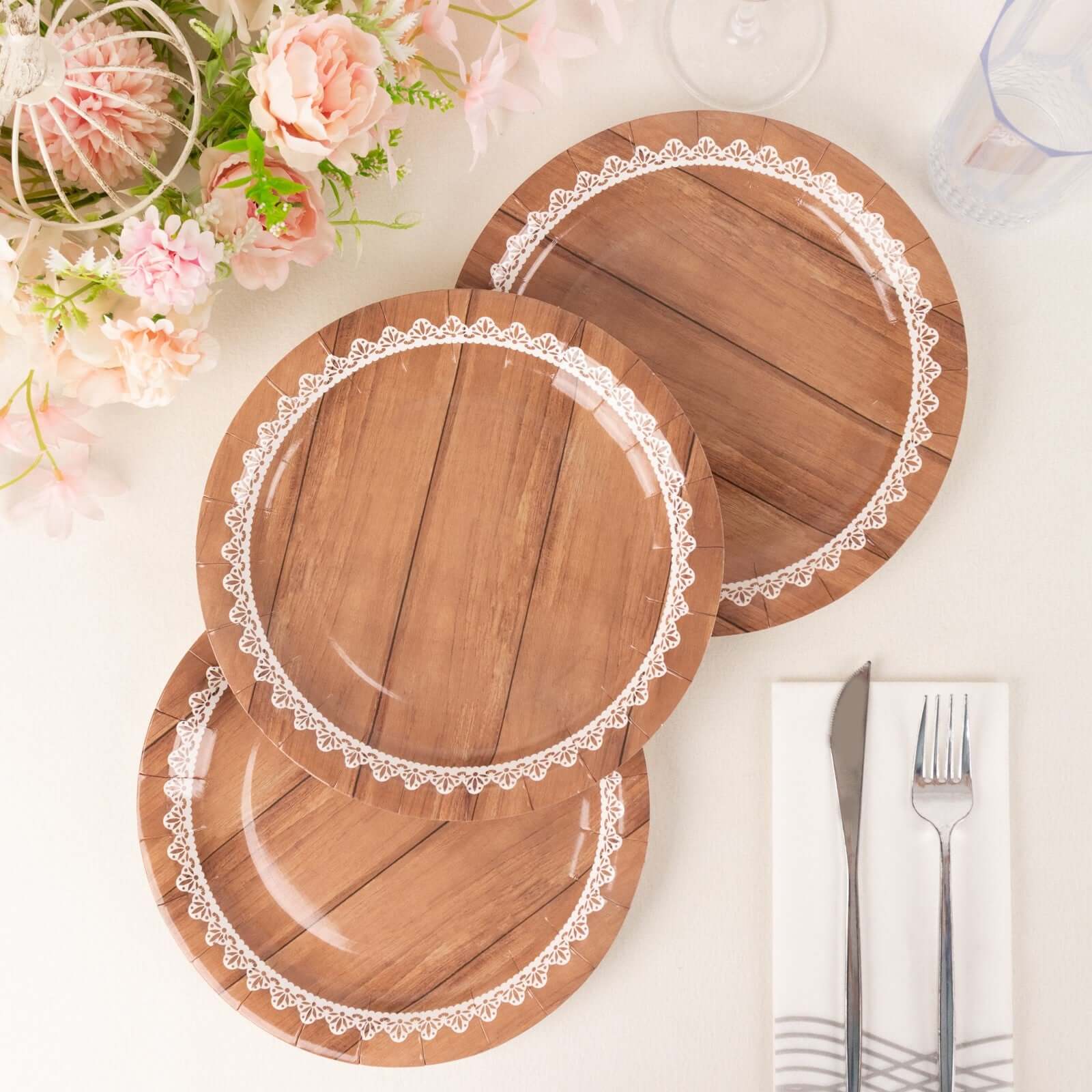 25-Pack Paper Round Dinner Plates 9" Brown Wood Grain Print with White Floral Lace Rim - Disposable Party Plates Rustic & Nature-Inspired Events - Image 5