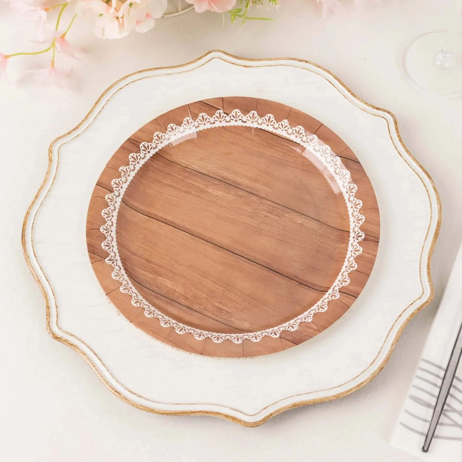 25-Pack Paper Round Dinner Plates 9" Brown Wood Grain Print with White Floral Lace Rim - Disposable Party Plates Rustic & Nature-Inspired Events - Image 6