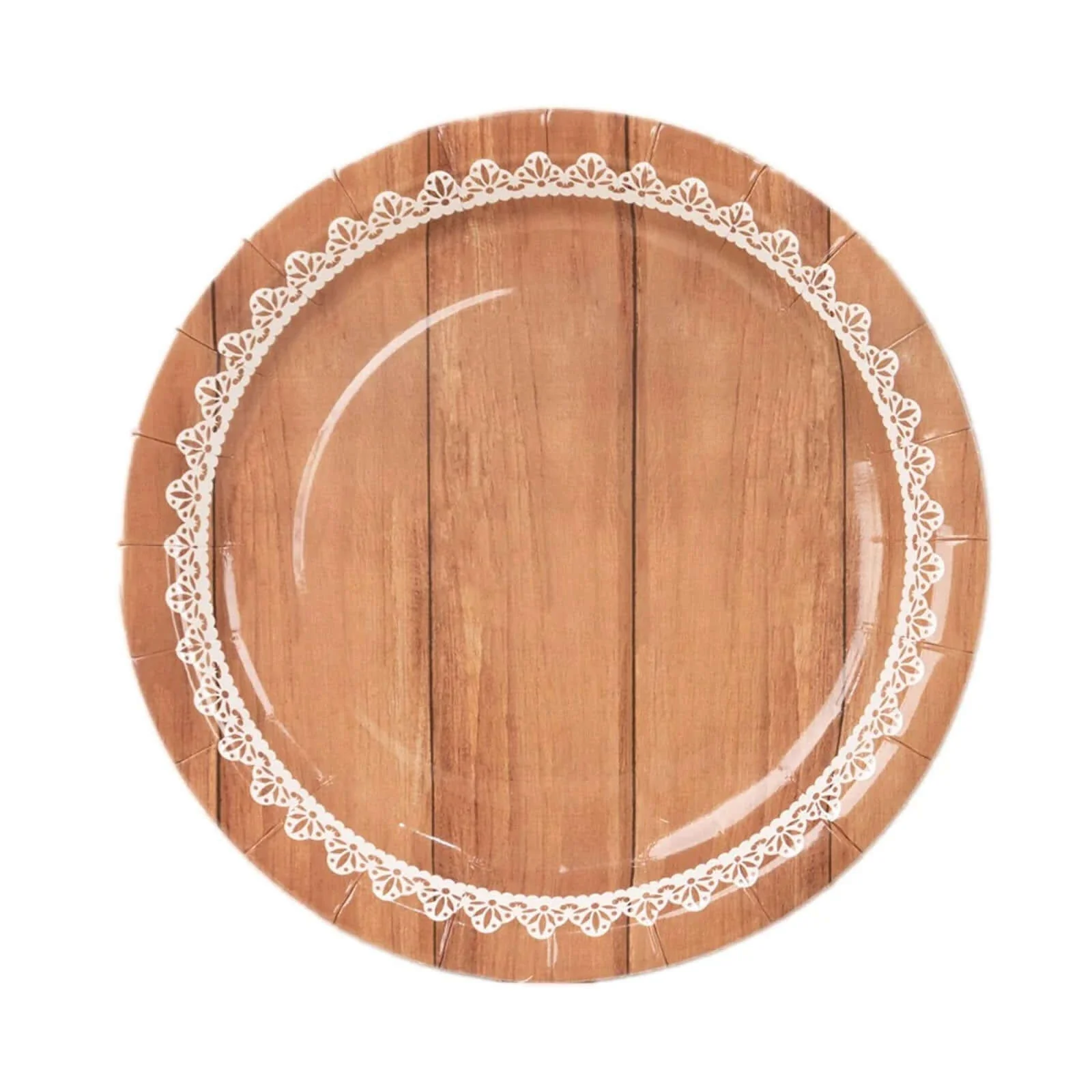 25-Pack Paper Round Dinner Plates 9" Brown Wood Grain Print with White Floral Lace Rim - Disposable Party Plates Rustic & Nature-Inspired Events - Image 7