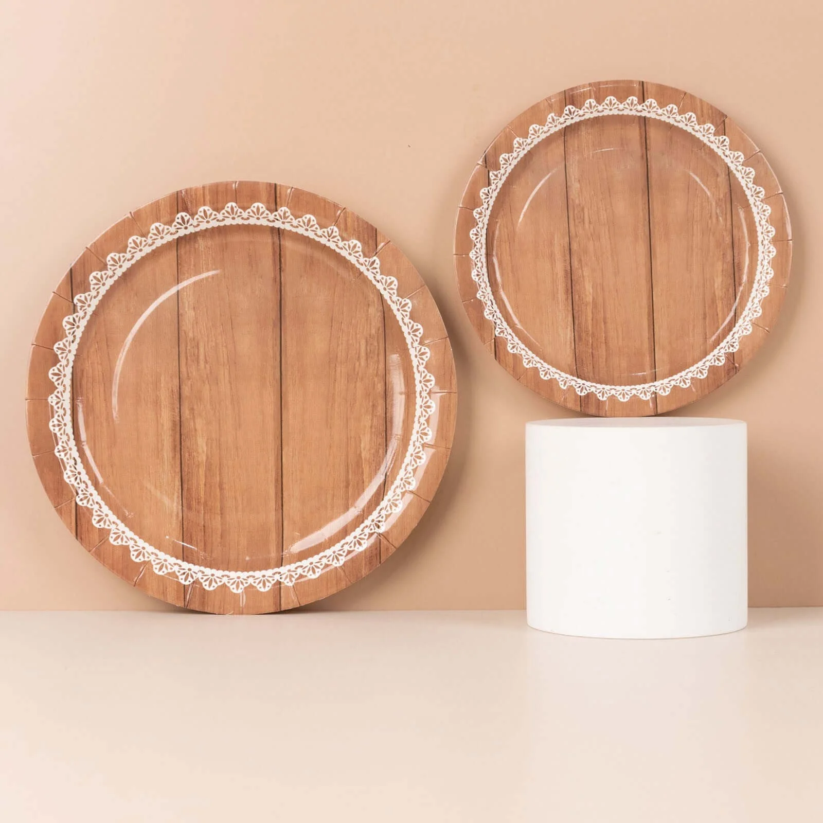 25-Pack Paper Round Dinner Plates 9" Brown Wood Grain Print with White Floral Lace Rim - Disposable Party Plates Rustic & Nature-Inspired Events - Image 8