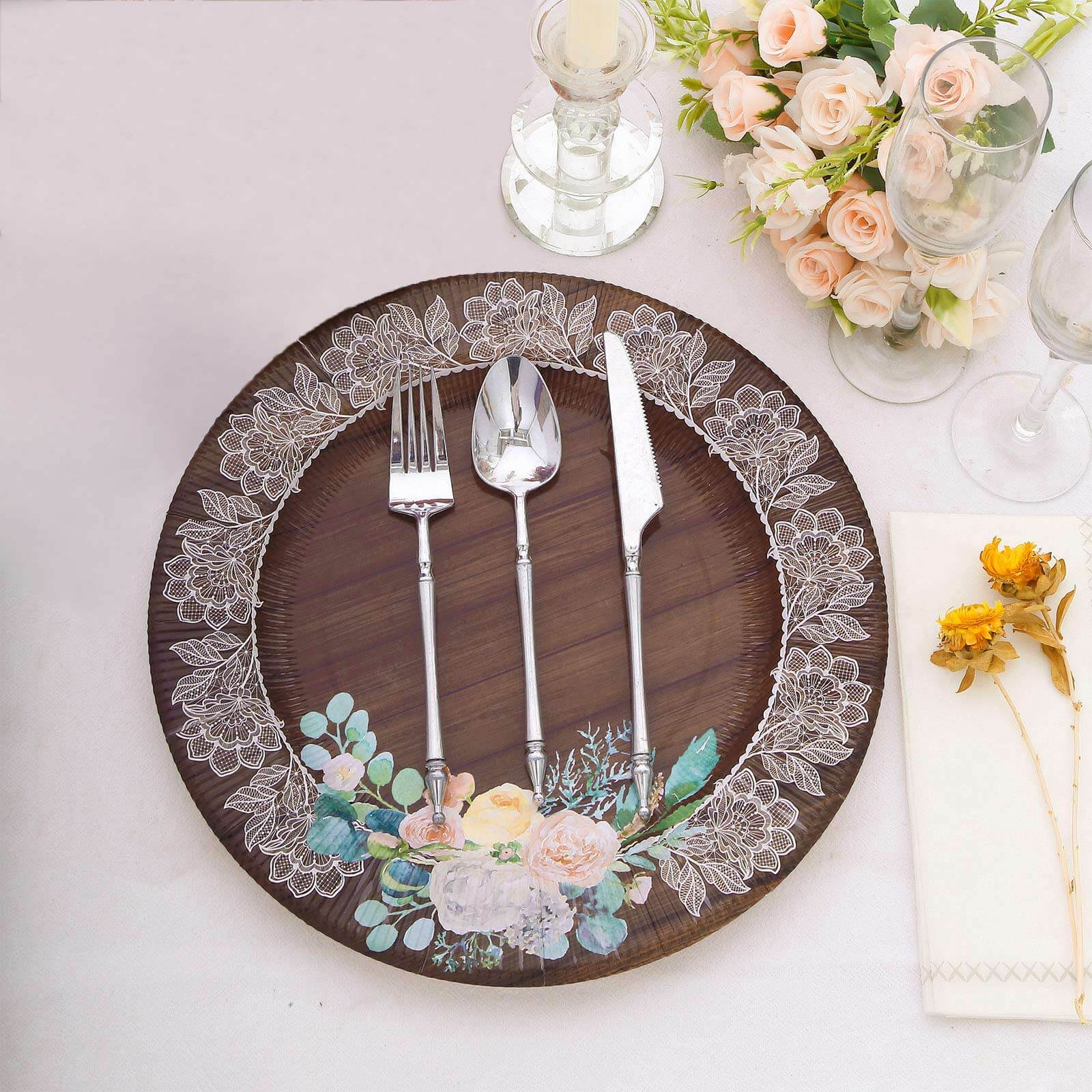 25-Pack Paper Round Dinner Plates 10" Brown Wood Print with Floral Lace Rim - Disposable Party Plates for Rustic Themes & Celebrations - Image 10