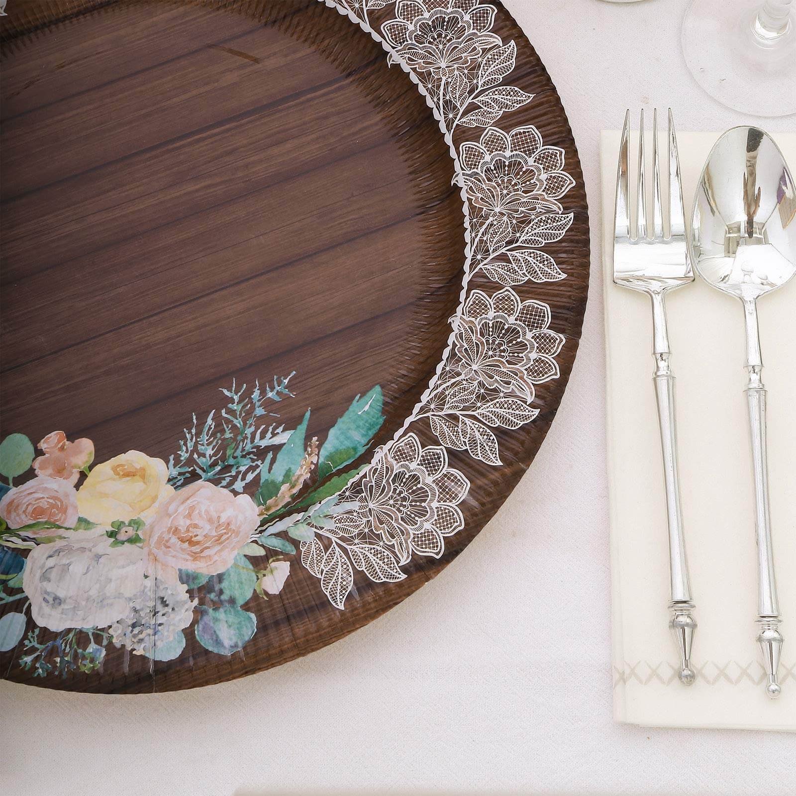 25-Pack Paper Round Dinner Plates 10" Brown Wood Print with Floral Lace Rim - Disposable Party Plates for Rustic Themes & Celebrations - Image 12