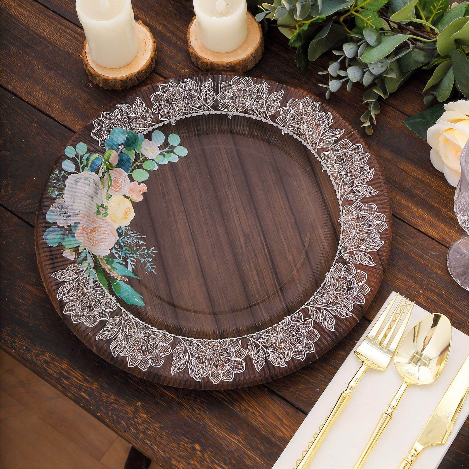25-Pack Paper Round Dinner Plates 10" Brown Wood Print with Floral Lace Rim - Disposable Party Plates for Rustic Themes & Celebrations - Image 13