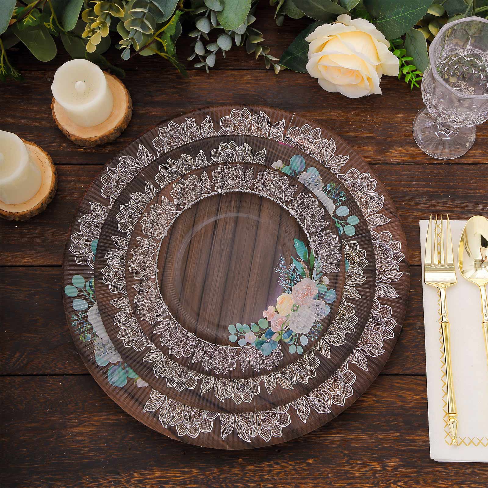 25-Pack Paper Round Dinner Plates 10" Brown Wood Print with Floral Lace Rim - Disposable Party Plates for Rustic Themes & Celebrations - Image 2