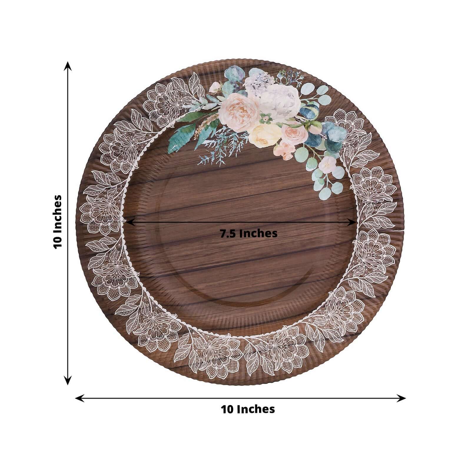 25-Pack Paper Round Dinner Plates 10" Brown Wood Print with Floral Lace Rim - Disposable Party Plates for Rustic Themes & Celebrations - Image 3