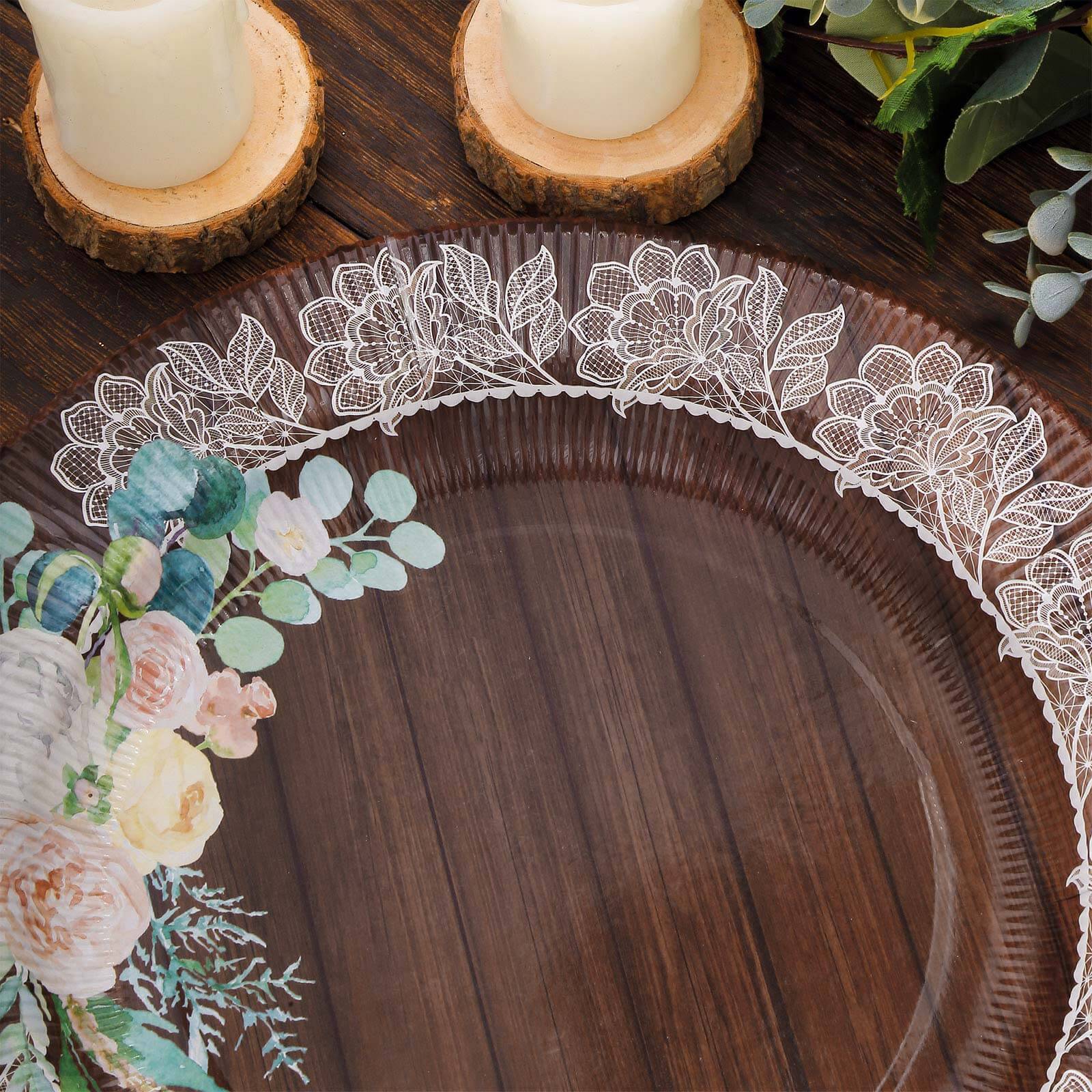 25-Pack Paper Round Dinner Plates 10" Brown Wood Print with Floral Lace Rim - Disposable Party Plates for Rustic Themes & Celebrations - Image 6
