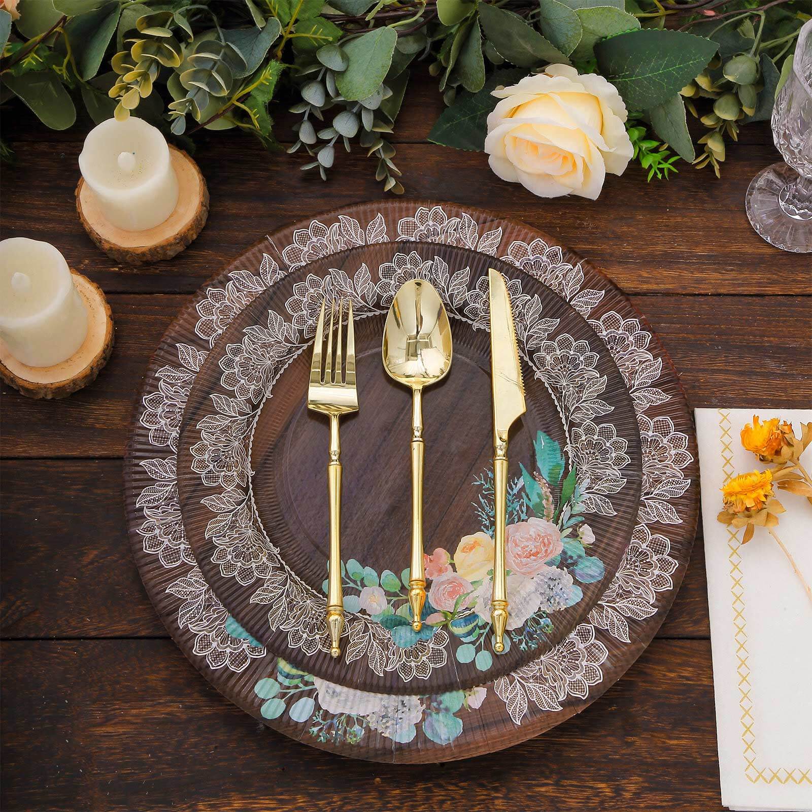 25-Pack Paper Round Dinner Plates 10" Brown Wood Print with Floral Lace Rim - Disposable Party Plates for Rustic Themes & Celebrations - Image 8